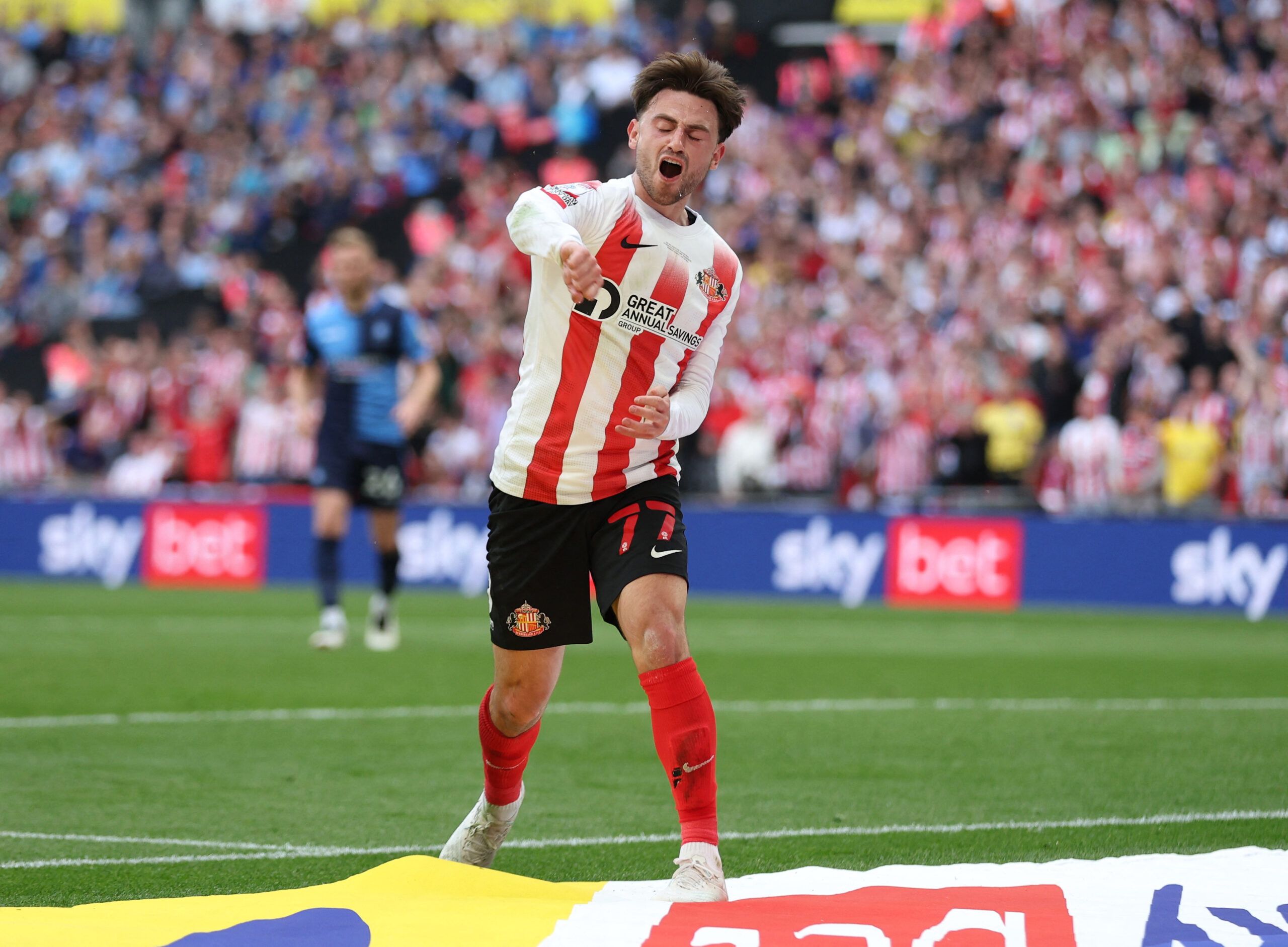Soccer Football - League One Play-Off Final - Sunderland v Wycombe Wanderers - Wembley Stadium, London, Britain - May 21, 2022  Sunderland's Patrick Roberts reacts after an unsuccessful appeal for a penalty Action Images/Matthew Childs EDITORIAL USE ONLY. No use with unauthorized audio, video, data, fixture lists, club/league logos or 'live' services. Online in-match use limited to 75 images, no video emulation. No use in betting, games or single club /league/player publications.  Please contact