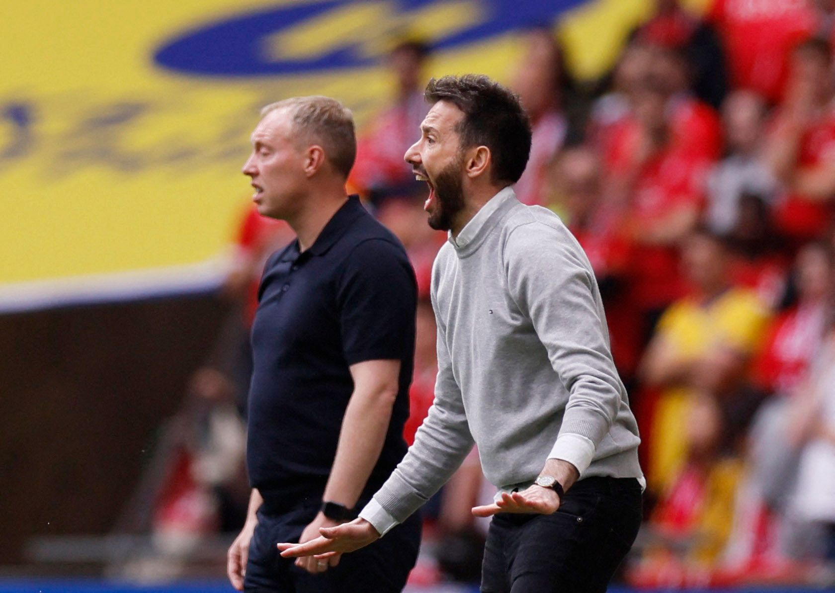 Soccer Football - Championship Play-Off Final - Huddersfield Town v Nottingham Forest - Wembley Stadium, London, Britain - May 29, 2022 Nottingham Forest manager Steve Cooper and Huddersfield Town manager Carlos Corberan Action Images via Reuters/Andrew Couldridge