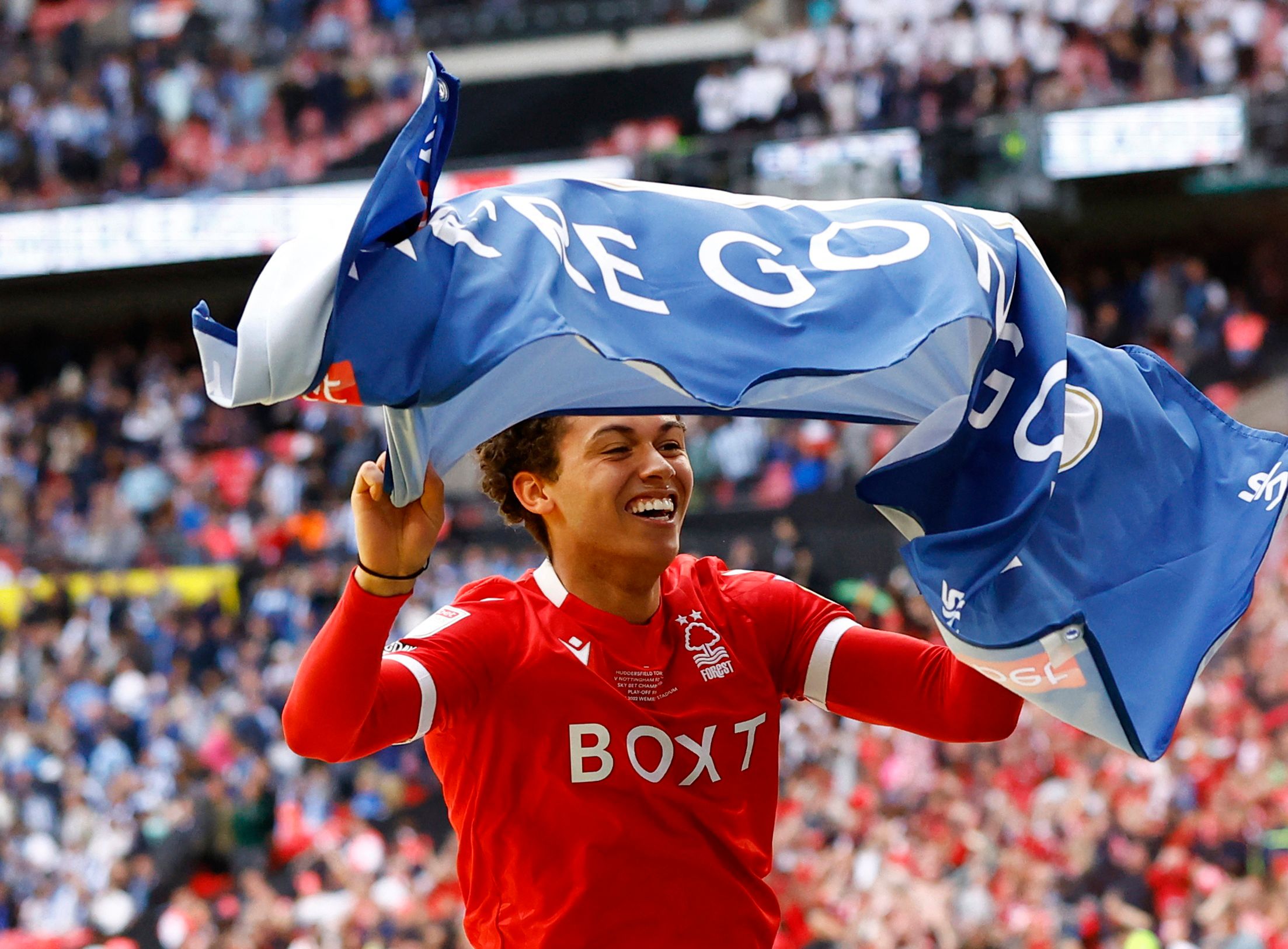 Soccer Football - Championship Play-Off Final - Huddersfield Town v Nottingham Forest - Wembley Stadium, London, Britain - May 29, 2022 Nottingham Forest's Brennan Johnson celebrates after winning the Championship Play-Off Final Action Images via Reuters/Andrew Boyers