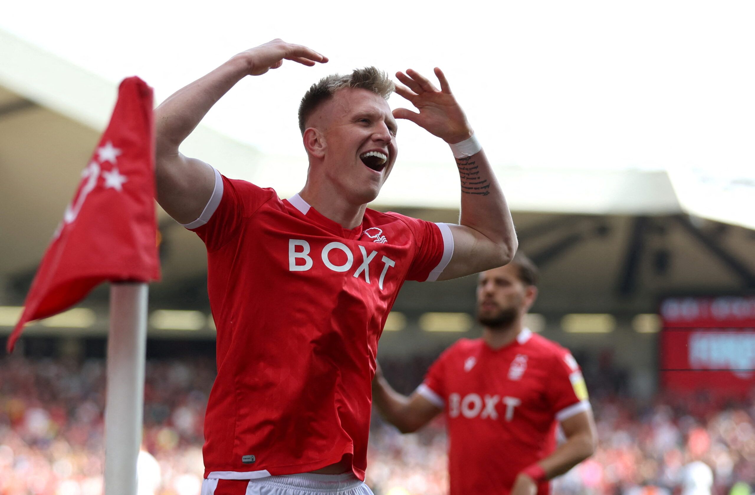 Soccer Football - Championship - Nottingham Forest v Swansea City - The City Ground, Nottingham, Britain - April 30, 2022 Nottingham Forest's Sam Surridge celebrates scoring their second goal         Action Images/Matthew Childs  EDITORIAL USE ONLY. No use with unauthorized audio, video, data, fixture lists, club/league logos or 