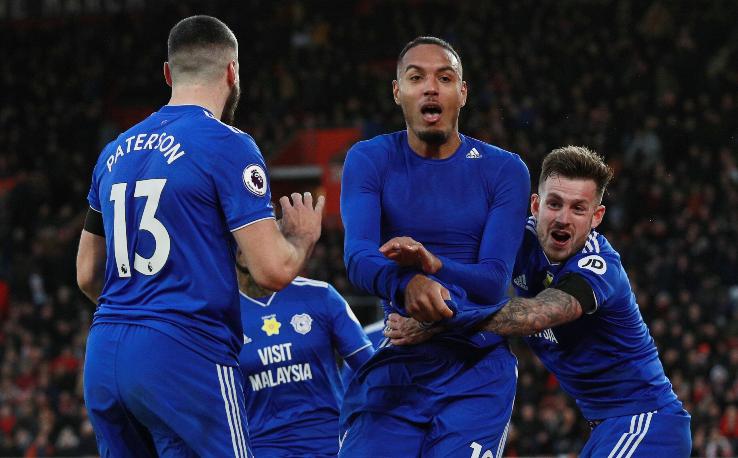 Soccer Football - Premier League - Southampton v Cardiff City - St Mary's Stadium, Southampton, Britain - February 9, 2019  Cardiff City's Kenneth Zohore celebrates scoring their second goal with team mates      REUTERS/Ian Walton  EDITORIAL USE ONLY. No use with unauthorized audio, video, data, fixture lists, club/league logos or 