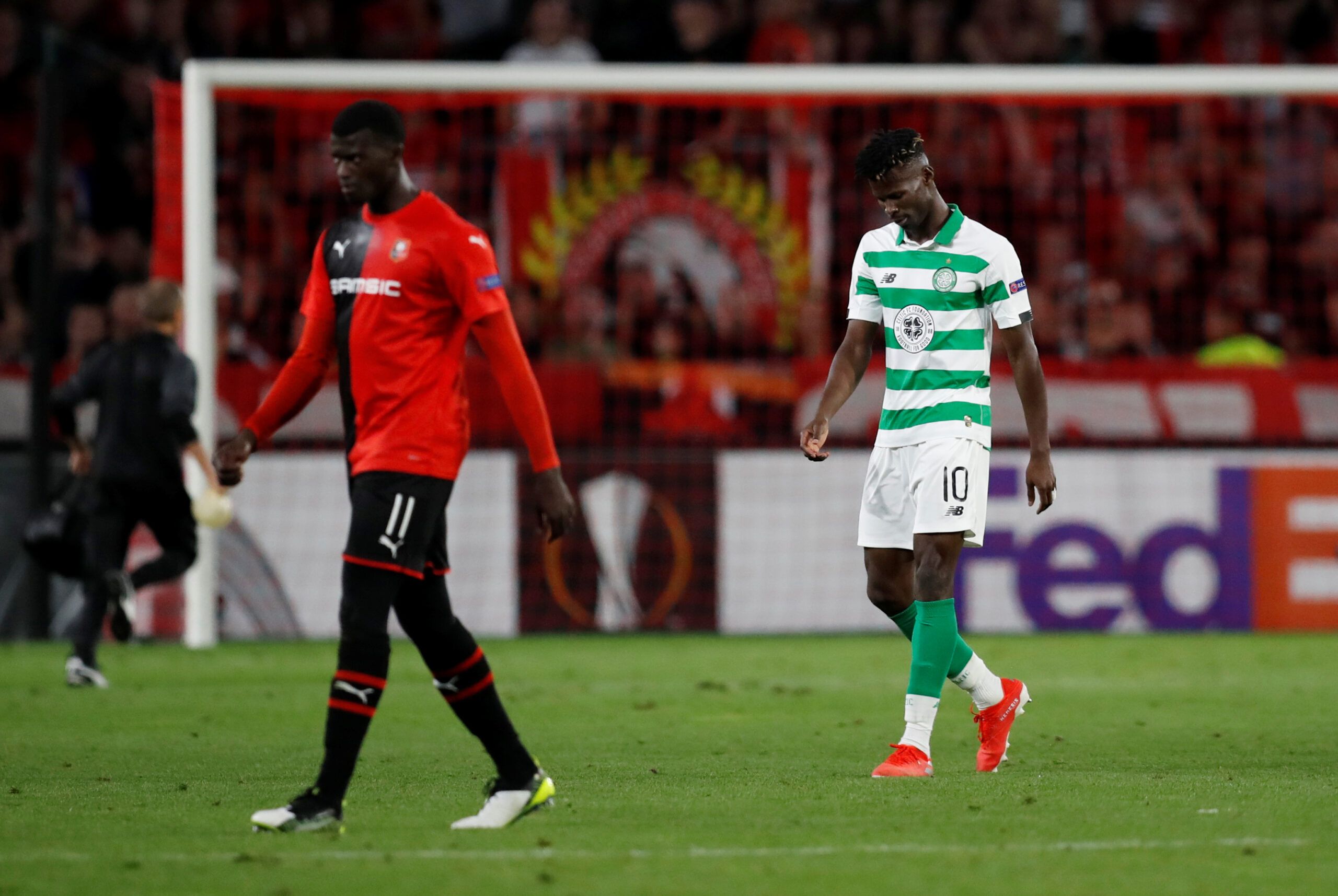 Soccer Football - Europa League - Group E - Stade Rennes v Celtic - Roazhon Park, Rennes, France - September 19, 2019  Celtic's Vakoun Issouf Bayo leaves the pitch after he is sent off by referee Jose Maria Sanchez  REUTERS/Stephane Mahe