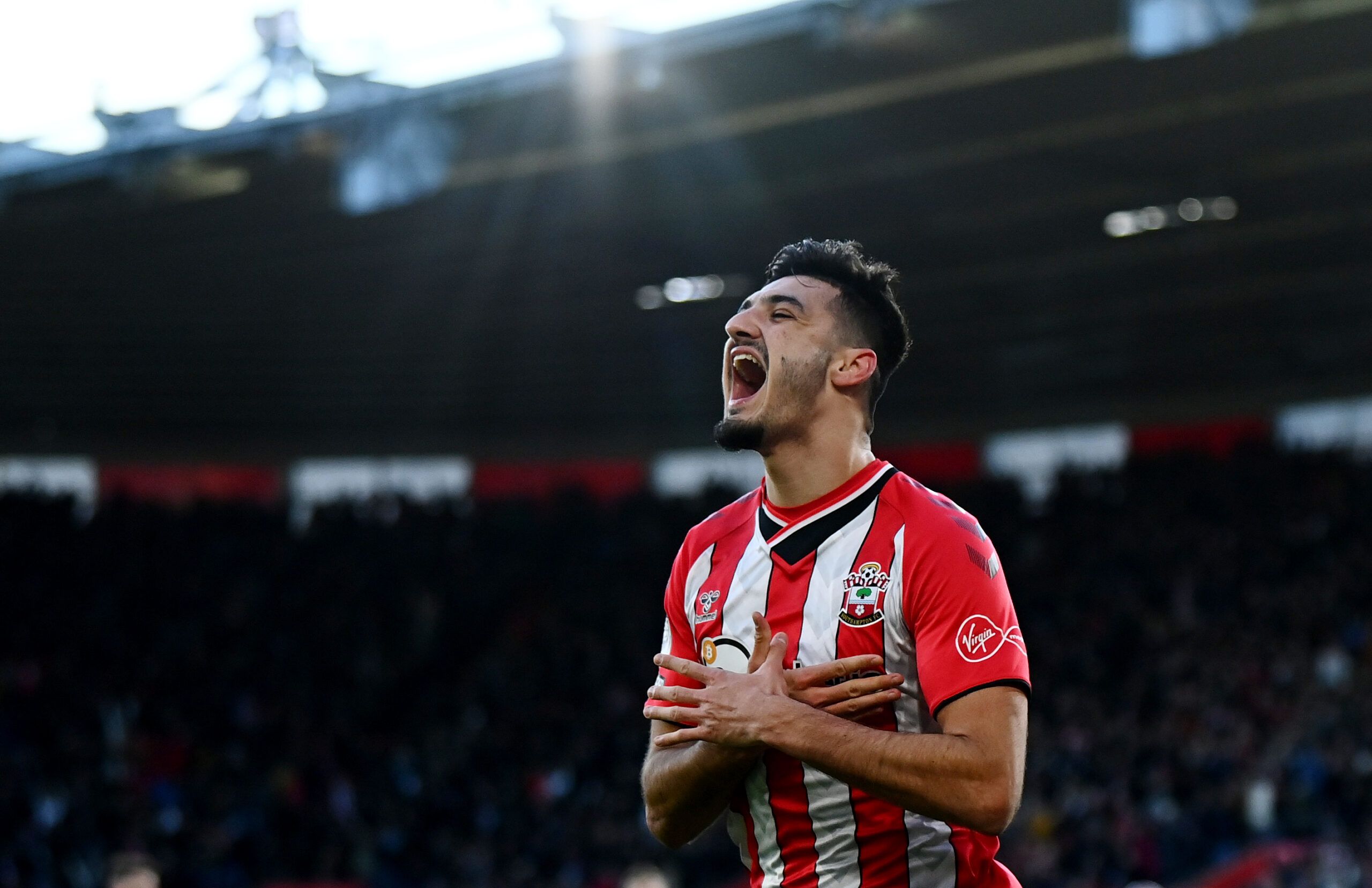 Soccer Football - Premier League - Southampton v Brighton &amp; Hove Albion - St Mary's Stadium, Southampton, Britain - December 4, 2021 Southampton's Armando Broja celebrates scoring their first goal REUTERS/Dylan Martinez EDITORIAL USE ONLY. No use with unauthorized audio, video, data, fixture lists, club/league logos or 'live' services. Online in-match use limited to 75 images, no video emulation. No use in betting, games or single club /league/player publications.  Please contact your accoun