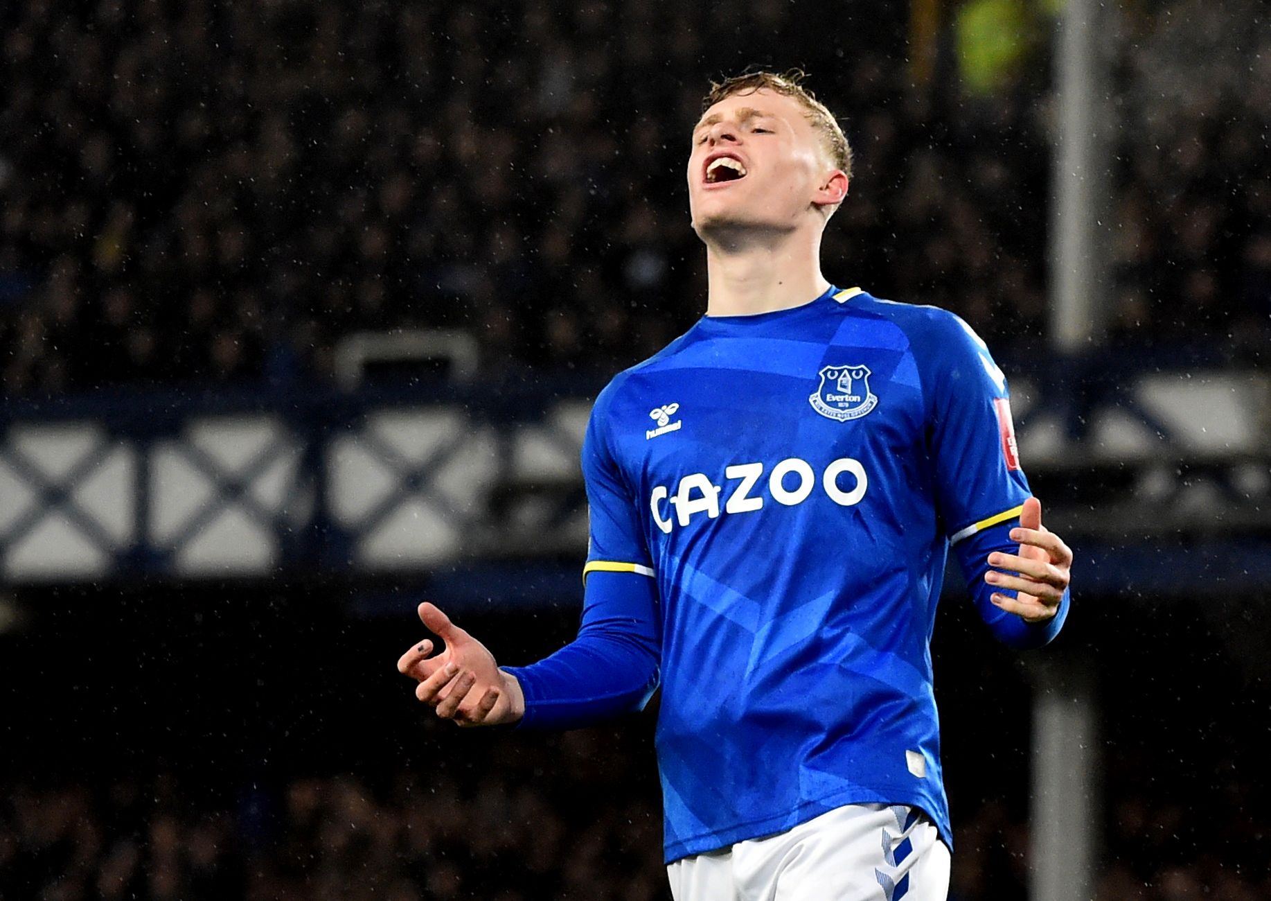 Soccer Football - FA Cup Fifth Round - Everton v Boreham Wood - Goodison Park, Liverpool, Britain - March 3, 2022 Everton's Jarrad Branthwaite reacts REUTERS/Peter Powell