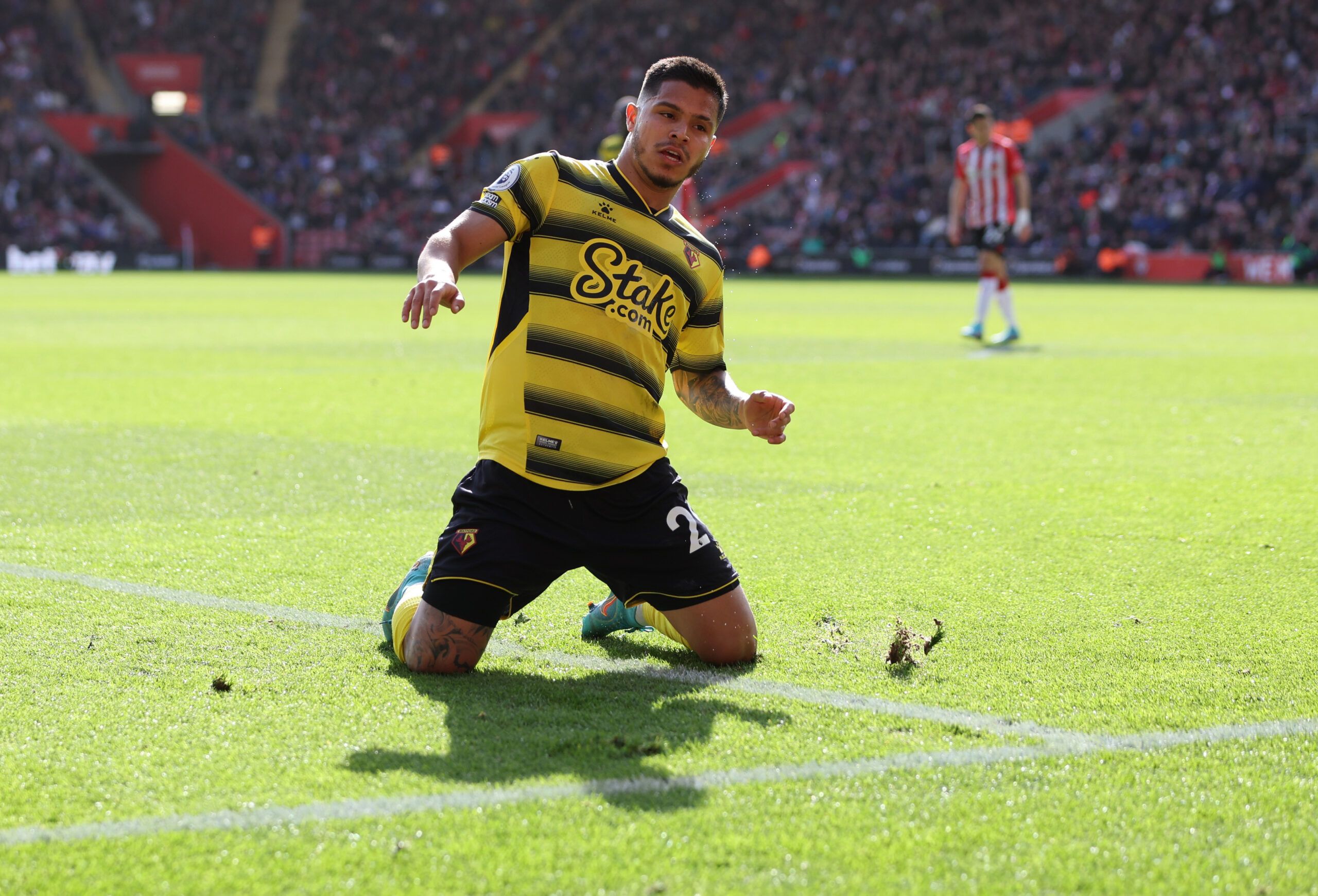 Soccer Football - Premier League - Southampton v Watford - St Mary's Stadium, Southampton, Britain - March 13, 2022 Watford's Cucho Hernandez celebrates scoring their second goal Action Images via Reuters/Paul Childs EDITORIAL USE ONLY. No use with unauthorized audio, video, data, fixture lists, club/league logos or 'live' services. Online in-match use limited to 75 images, no video emulation. No use in betting, games or single club /league/player publications.  Please contact your account repre