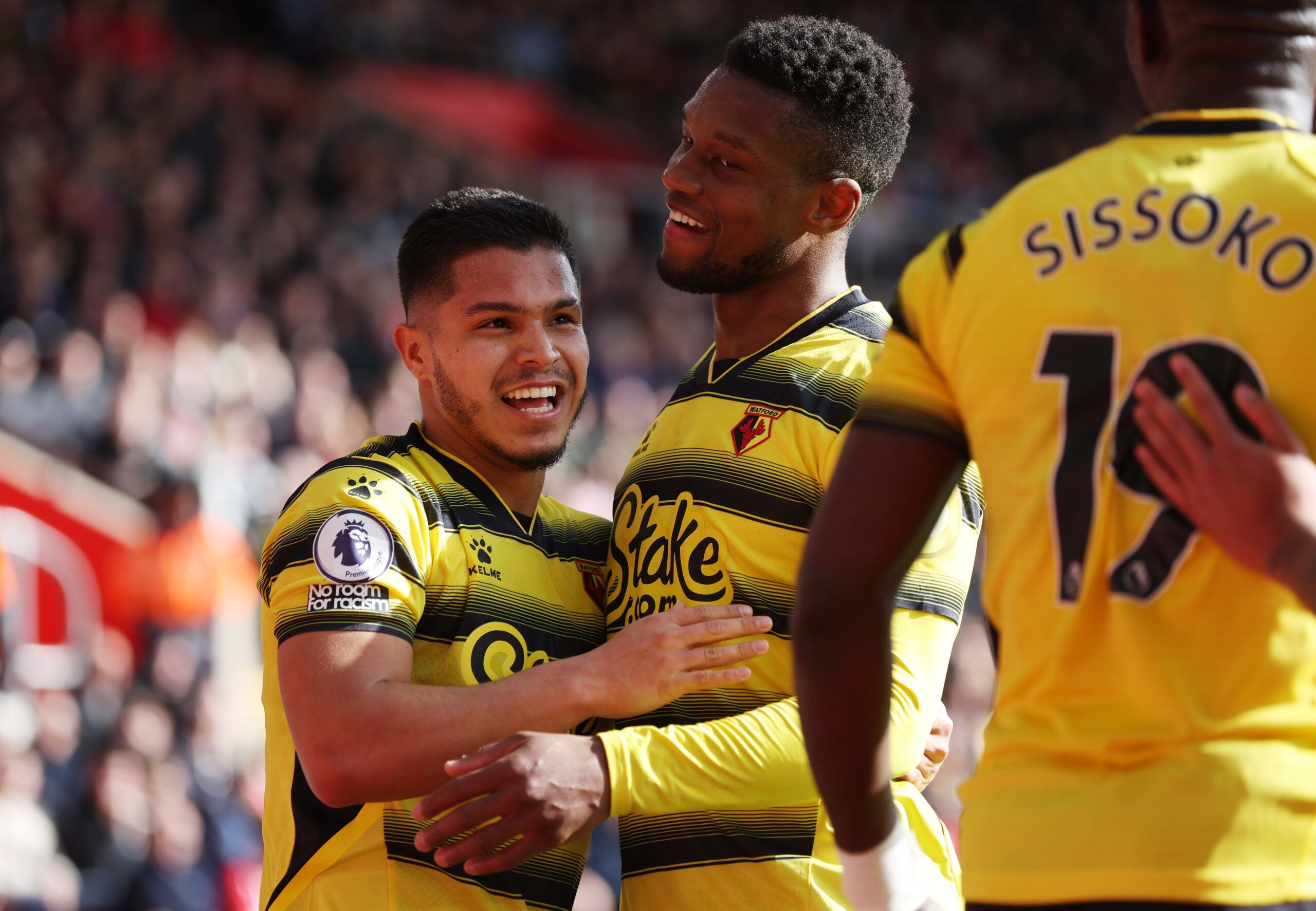 Soccer Football - Premier League - Southampton v Watford - St Mary's Stadium, Southampton, Britain - March 13, 2022 Watford's Cucho Hernandez celebrates scoring their second goal Christian Kabasele Action Images via Reuters/Paul Childs EDITORIAL USE ONLY. No use with unauthorized audio, video, data, fixture lists, club/league logos or 'live' services. Online in-match use limited to 75 images, no video emulation. No use in betting, games or single club /league/player publications.  Please contact