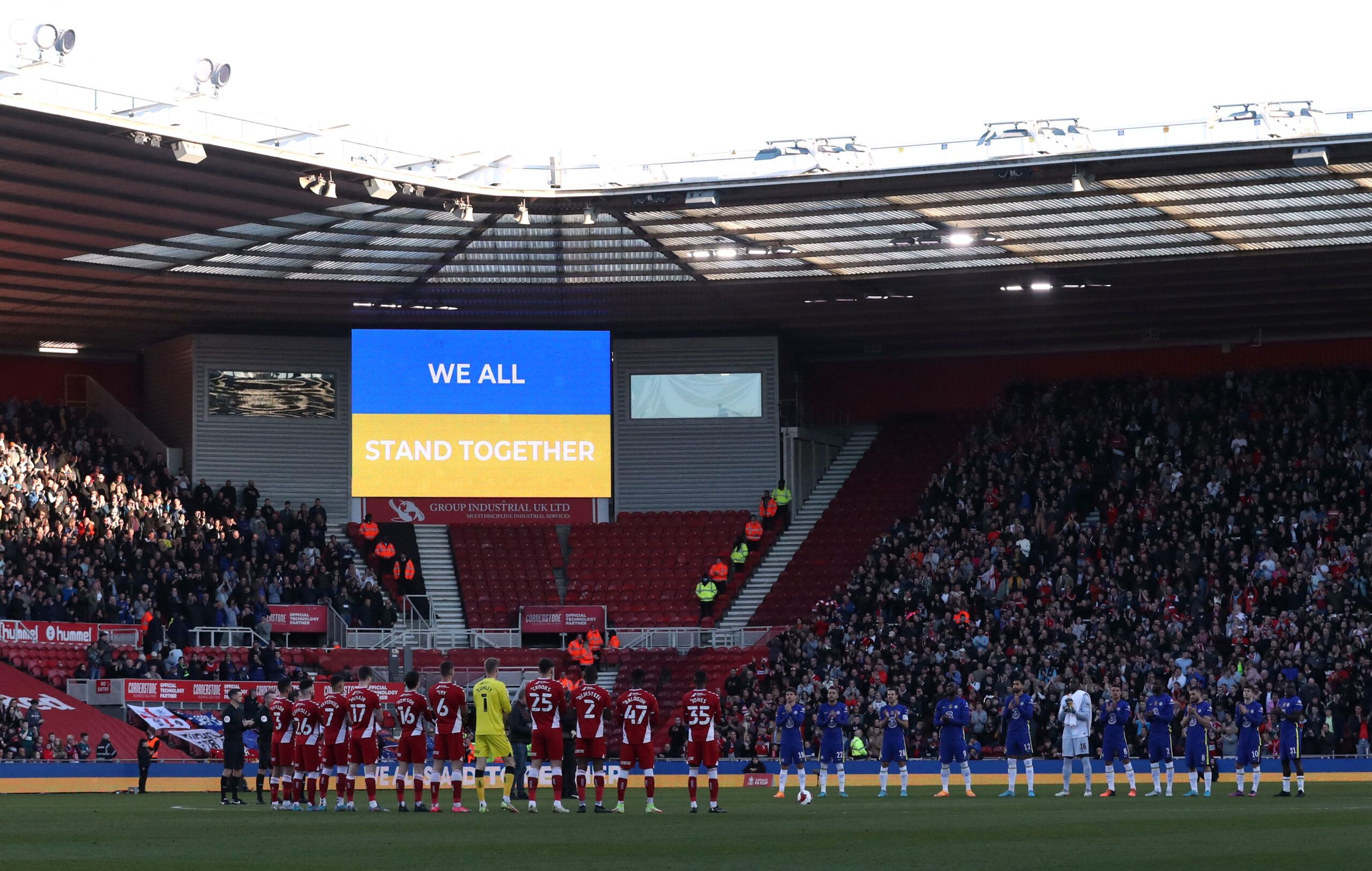 Soccer Football - FA Cup Quarter Final - Middlesbrough v Chelsea - Riverside Stadium, Middlesbrough, Britain - March 19, 2022 General view during a minutes applause in support of Ukraine amid Russia's invasion before the match REUTERS/Scott Heppell