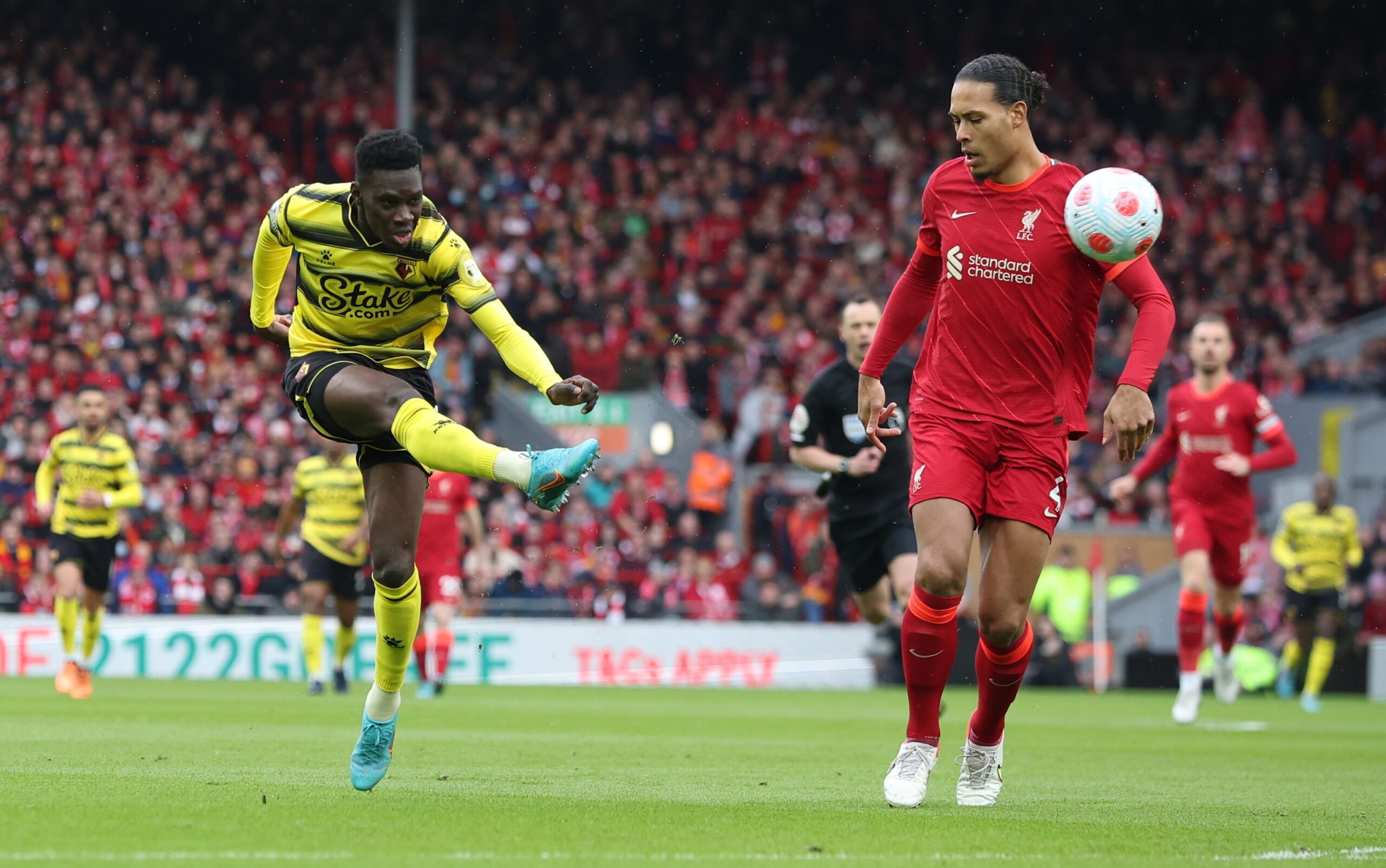 Soccer Football - Premier League - Liverpool v Watford - Anfield, Liverpool, Britain - April 2, 2022 Watford's Ismaila Sarr shoots at goal REUTERS/Phil Noble EDITORIAL USE ONLY. No use with unauthorized audio, video, data, fixture lists, club/league logos or 'live' services. Online in-match use limited to 75 images, no video emulation. No use in betting, games or single club /league/player publications.  Please contact your account representative for further details.