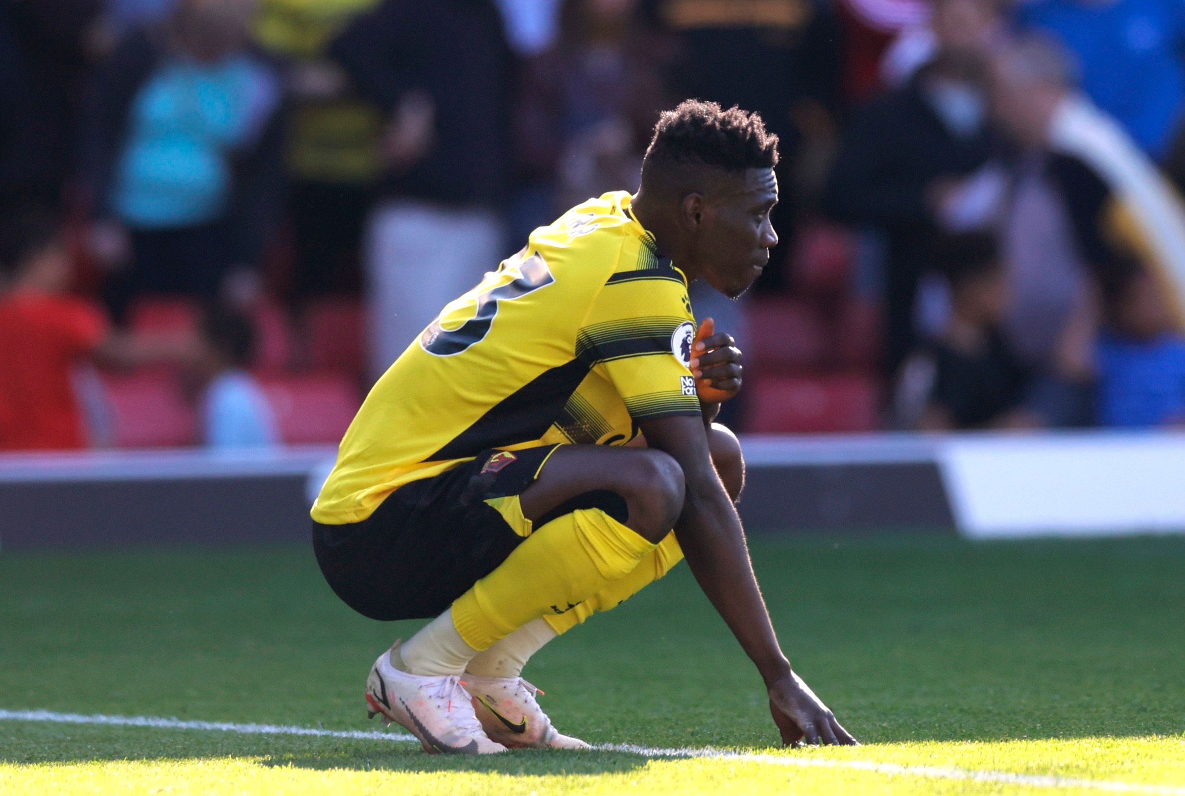 Soccer Football - Premier League - Watford v Brentford - Vicarage Road, Watford, Britain - April 16, 2022 Watford's Ismaila Sarr looks dejected after the match Action Images via Reuters/Peter Cziborra EDITORIAL USE ONLY. No use with unauthorized audio, video, data, fixture lists, club/league logos or 'live' services. Online in-match use limited to 75 images, no video emulation. No use in betting, games or single club /league/player publications.  Please contact your account representative for fu