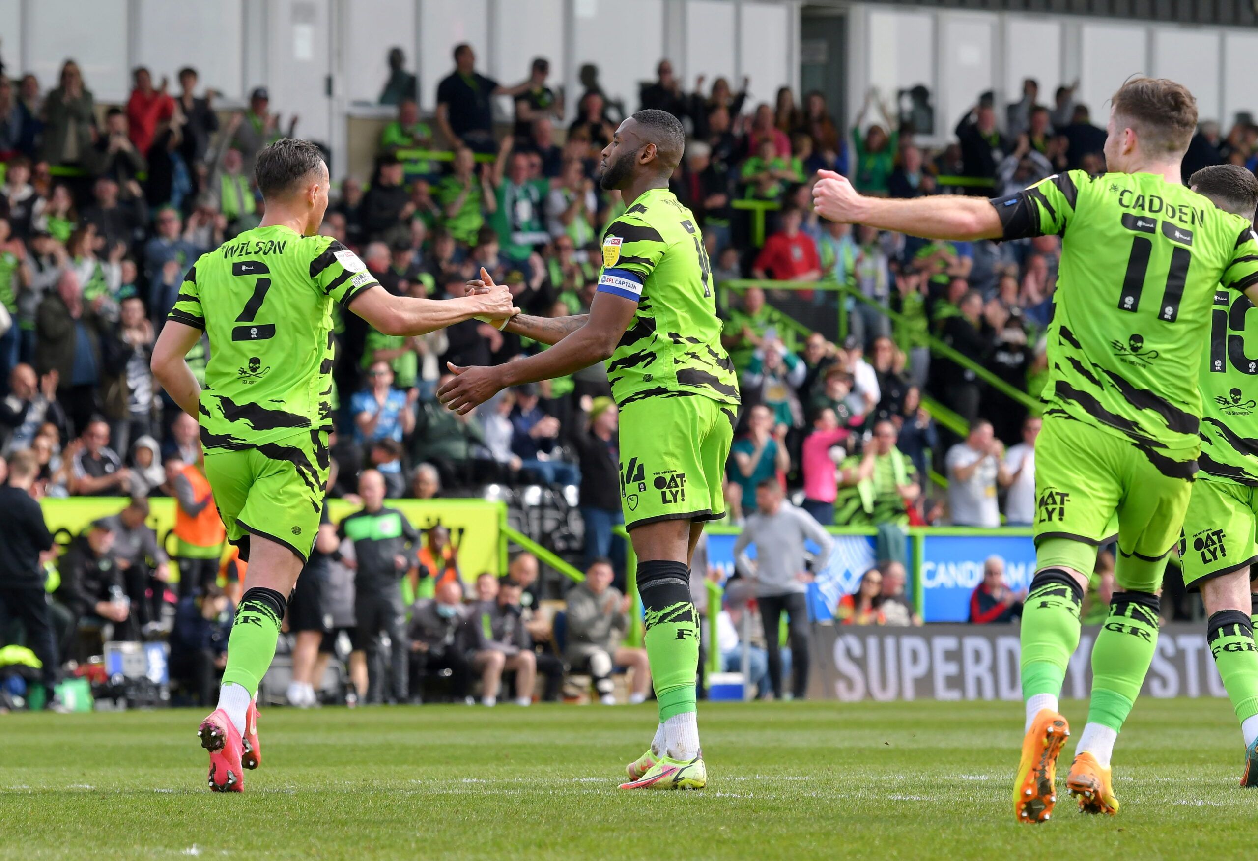Soccer Football - League Two - Forest Green Rovers v Harrogate Town - The New Lawn Stadium, Nailsworth, Britain - April 30, 2022 Forest Green Rovers' Jamille Matt celebrates scoring their first goal with Kane Wilson    Action Images/Paul Burrows  EDITORIAL USE ONLY. No use with unauthorized audio, video, data, fixture lists, club/league logos or 