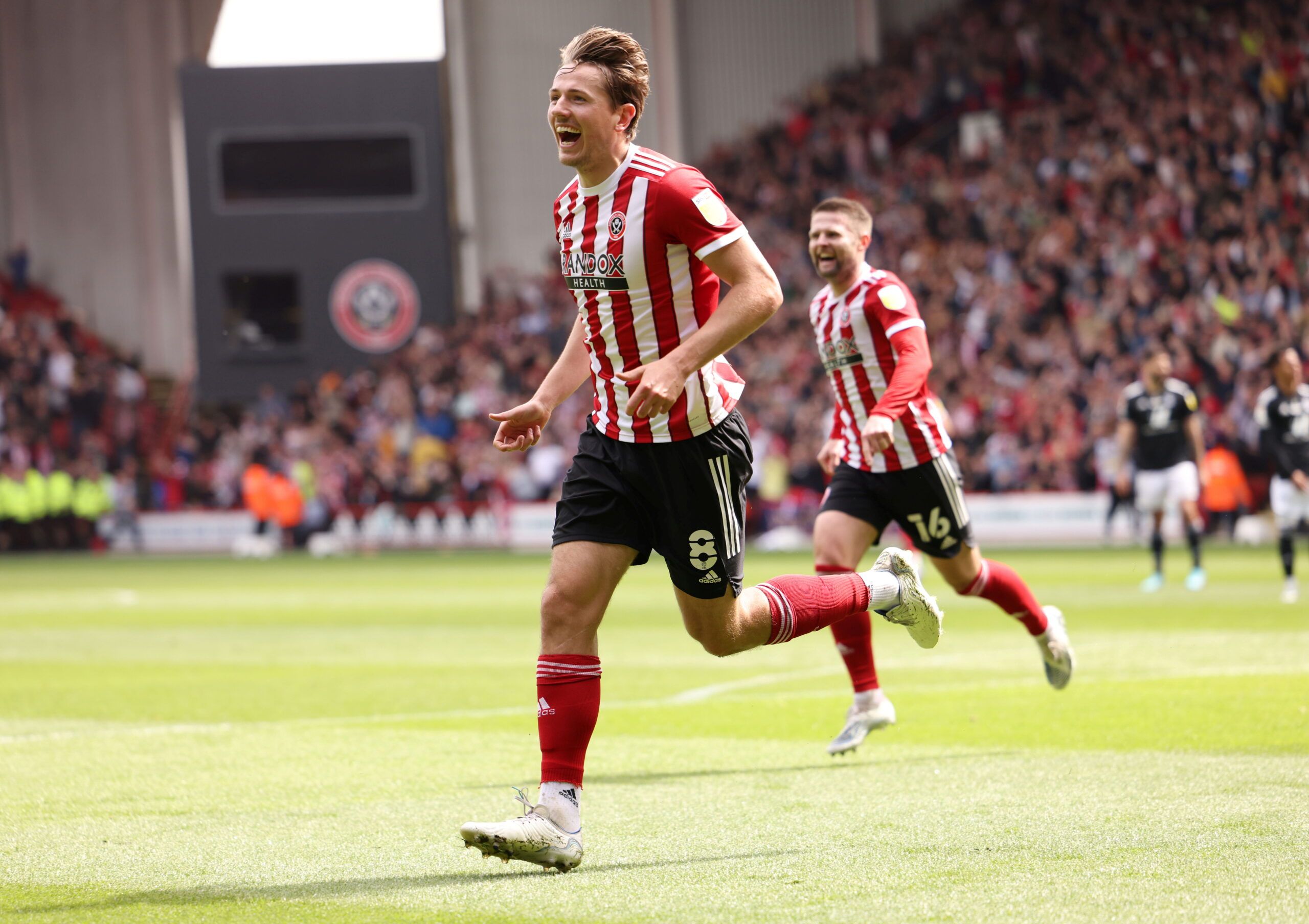 Soccer Football - Championship - Sheffield United v Fulham - Bramall Lane, Sheffield, Britain - May 7, 2022 Sheffield United's Sander Berge celebrates scoring their third goal      Action Images/John Clifton  EDITORIAL USE ONLY. No use with unauthorized audio, video, data, fixture lists, club/league logos or 