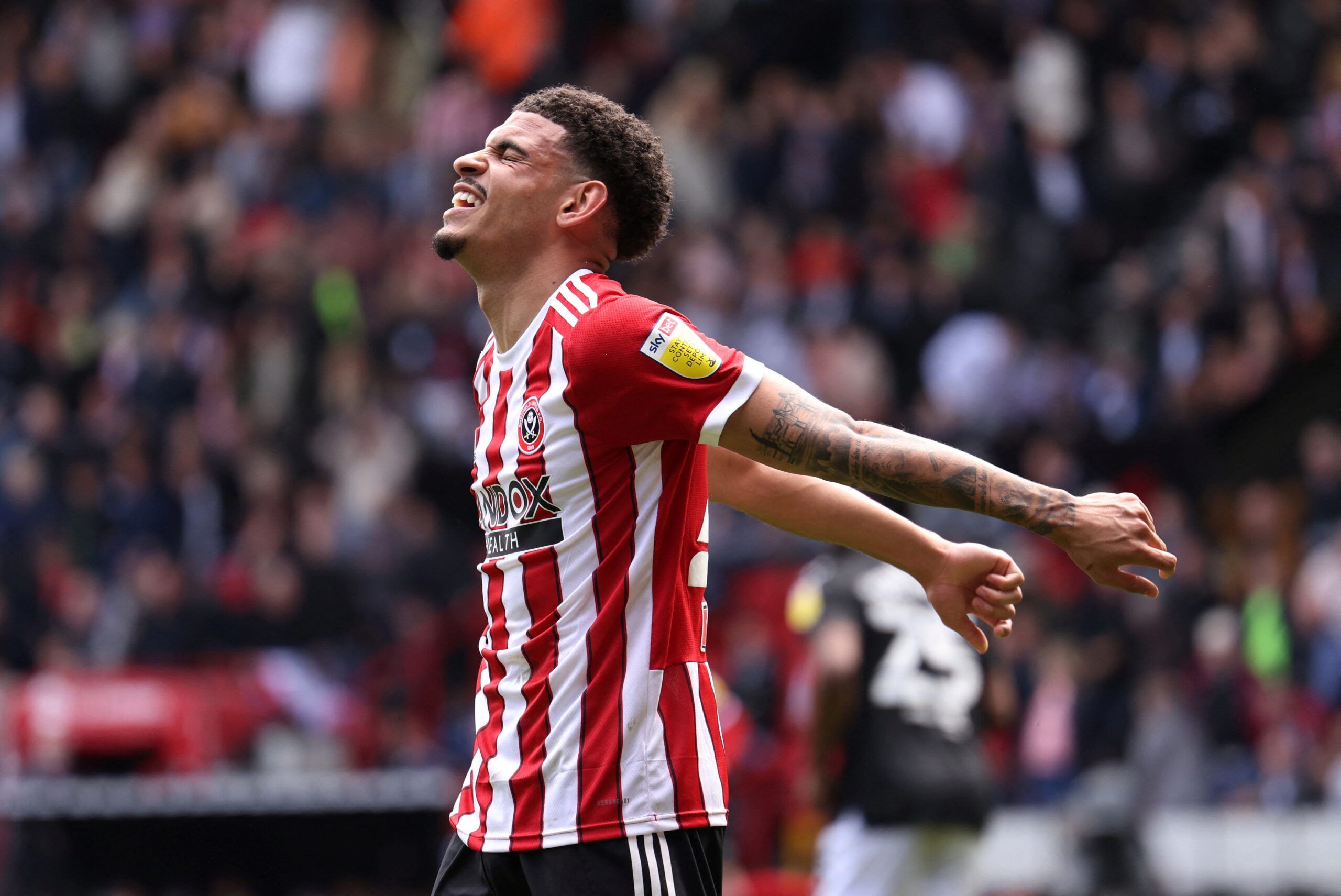 Soccer Football - Championship - Sheffield United v Fulham - Bramall Lane, Sheffield, Britain - May 7, 2022 Sheffield United's Morgan Gibbs-White reacts      Action Images/John Clifton  EDITORIAL USE ONLY. No use with unauthorized audio, video, data, fixture lists, club/league logos or 
