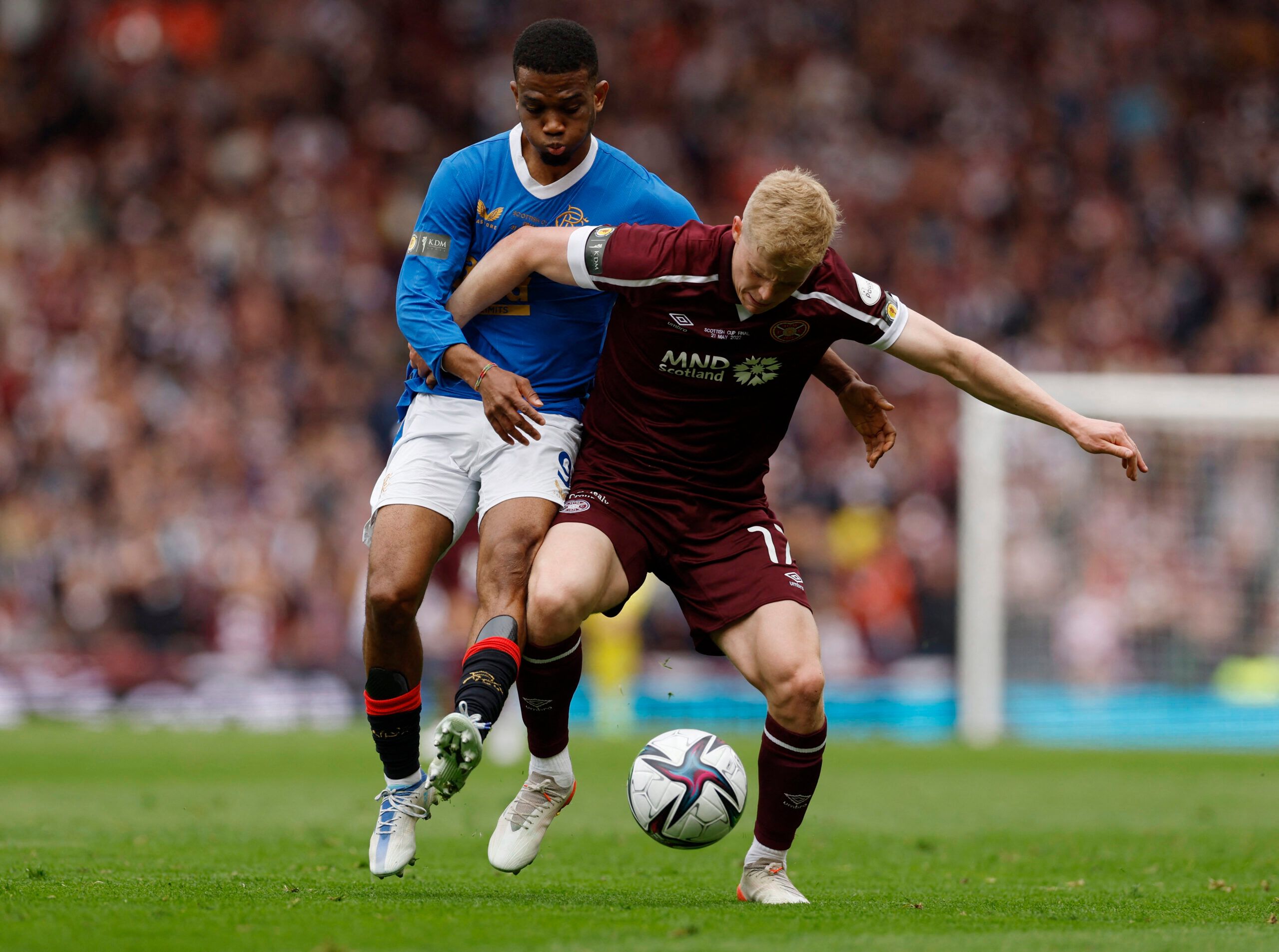 Soccer Football - Scottish Cup - Final - Rangers v Heart of Midlothian - Hampden Park, Glasgow, Scotland, Britain - May 21, 2022  Rangers' Amad Diallo in action with Heart of Midlothian's Alex Cochrane Action Images via Reuters/Jason Cairnduff