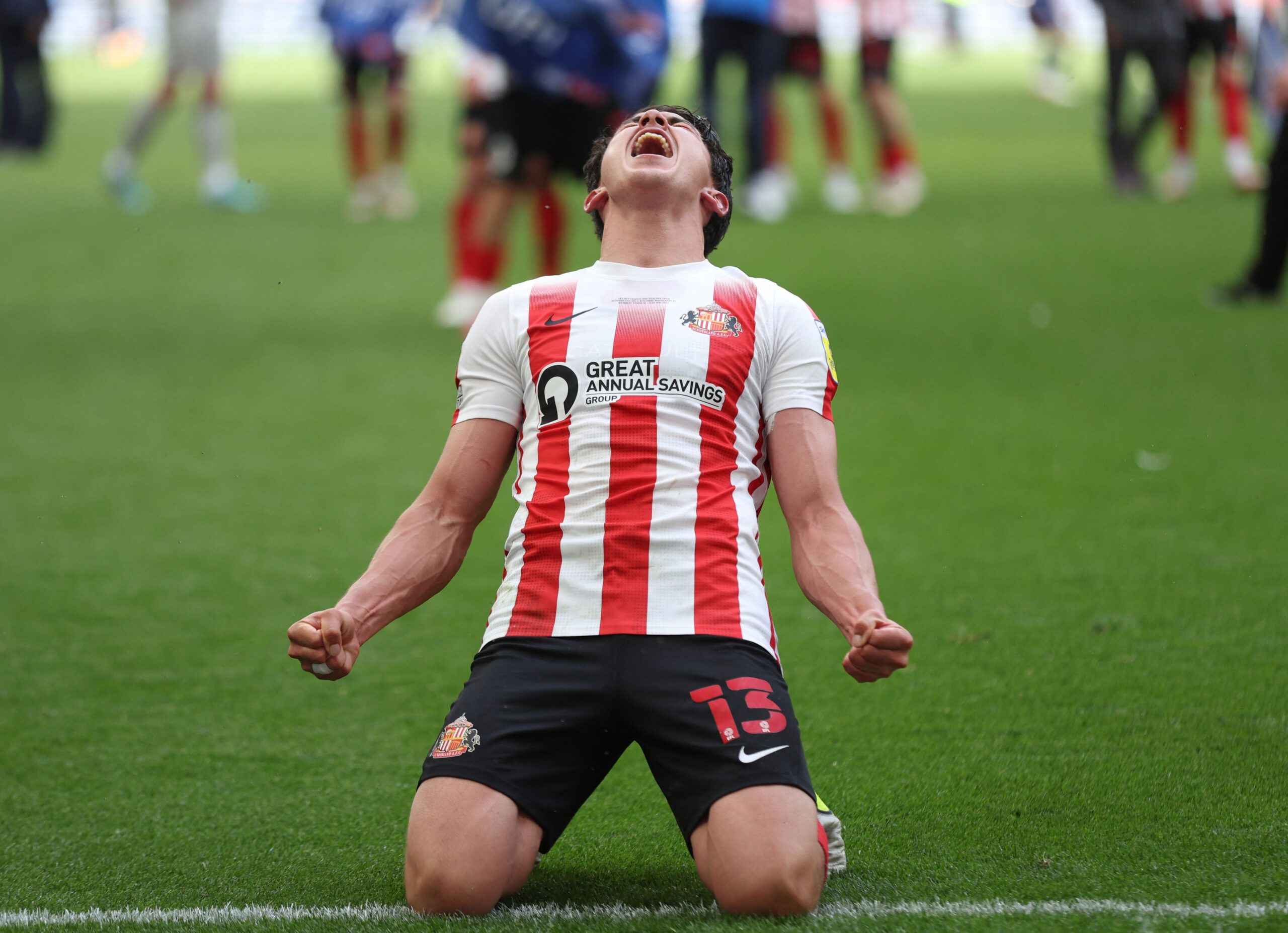 Soccer Football - League One Play-Off Final - Sunderland v Wycombe Wanderers - Wembley Stadium, London, Britain - May 21, 2022  Sunderland's Luke O'Nien celebrates after winning the League One Play-Off Action Images/Matthew Childs EDITORIAL USE ONLY. No use with unauthorized audio, video, data, fixture lists, club/league logos or 'live' services. Online in-match use limited to 75 images, no video emulation. No use in betting, games or single club /league/player publications.  Please contact your