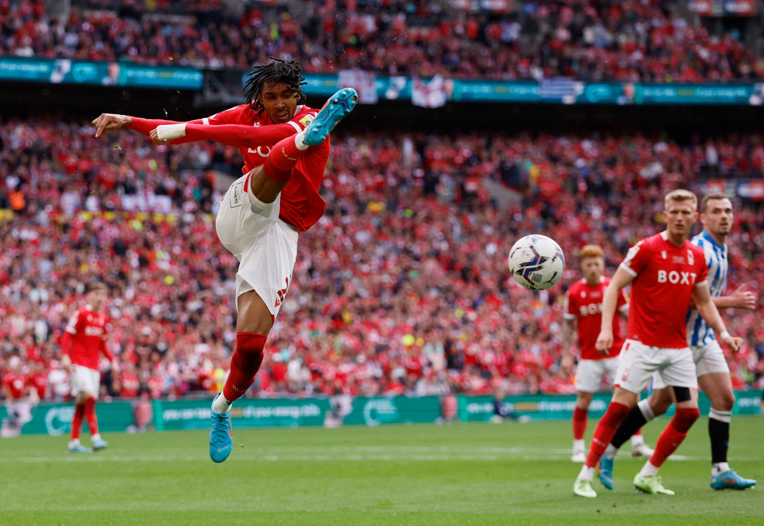 Soccer Football - Championship Play-Off Final - Huddersfield Town v Nottingham Forest - Wembley Stadium, London, Britain - May 29, 2022 Nottingham Forest's Djed Spence in action Action Images via Reuters/Andrew Couldridge