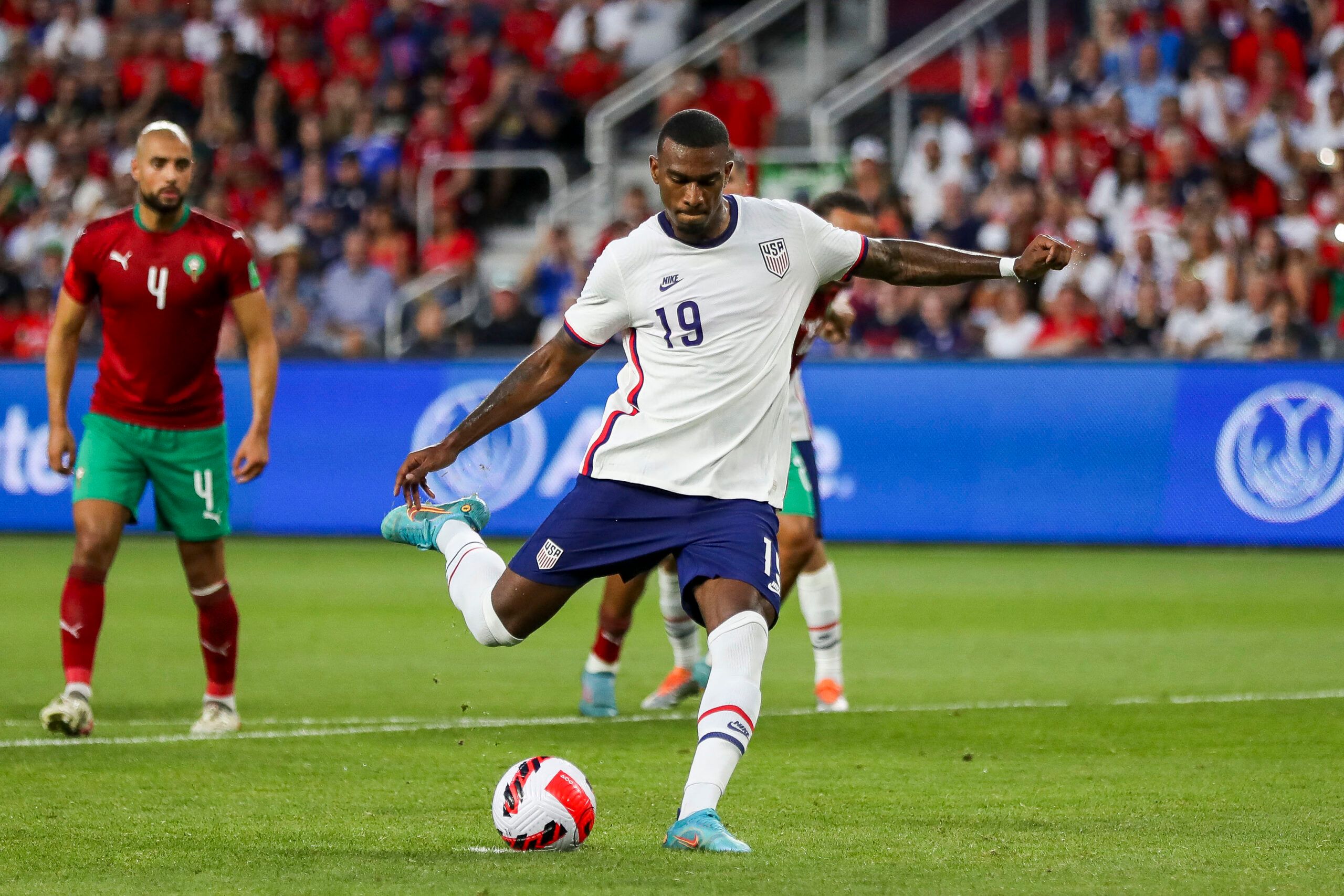 Jun 1, 2022; Cincinnati, Ohio, USA; the United States forward Haji Wright (19) shoots and scores a goal on a penalty kick against Morocco in the second half during an International friendly soccer match at TQL Stadium. Mandatory Credit: Katie Stratman-USA TODAY Sports