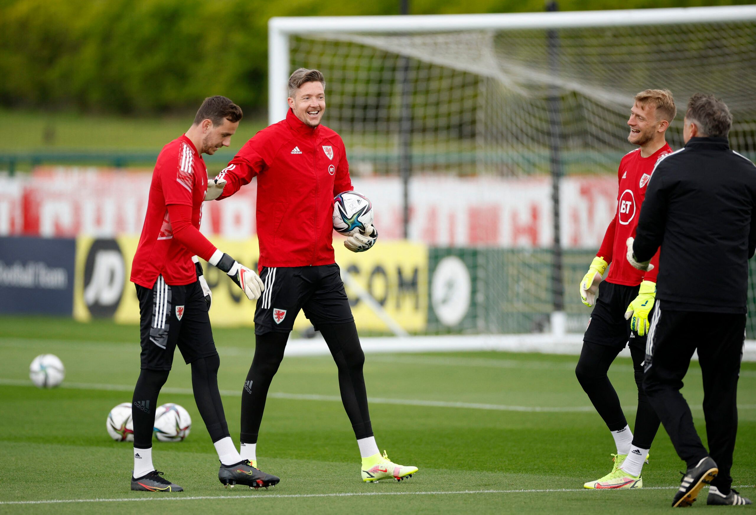 Soccer Football - World Cup - UEFA Qualifiers - Wales Training - Vale Resort, Hensol, Wales, Britain - June 4, 2022  Wales' Wayne Hennessey, Danny Ward and Adam Davies during training Action Images via Reuters/John Sibley