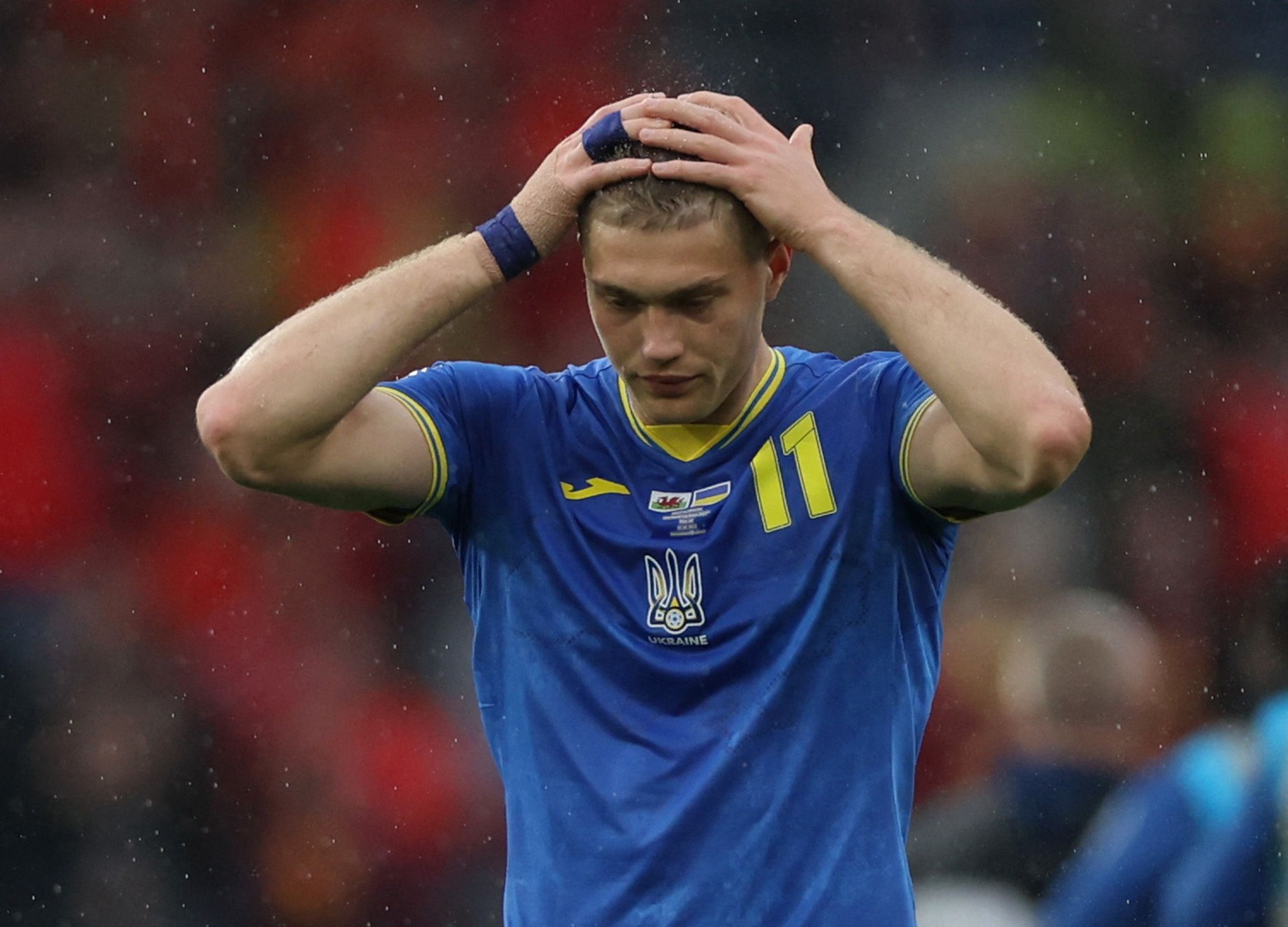 Soccer Football - FIFA World Cup - UEFA Qualifiers - Final - Wales v Ukraine - Cardiff City Stadium, Cardiff, Wales, Britain - June 5, 2022 Ukraine's Artem Dovbyk looks dejected after the match Action Images via Reuters/Matthew Childs