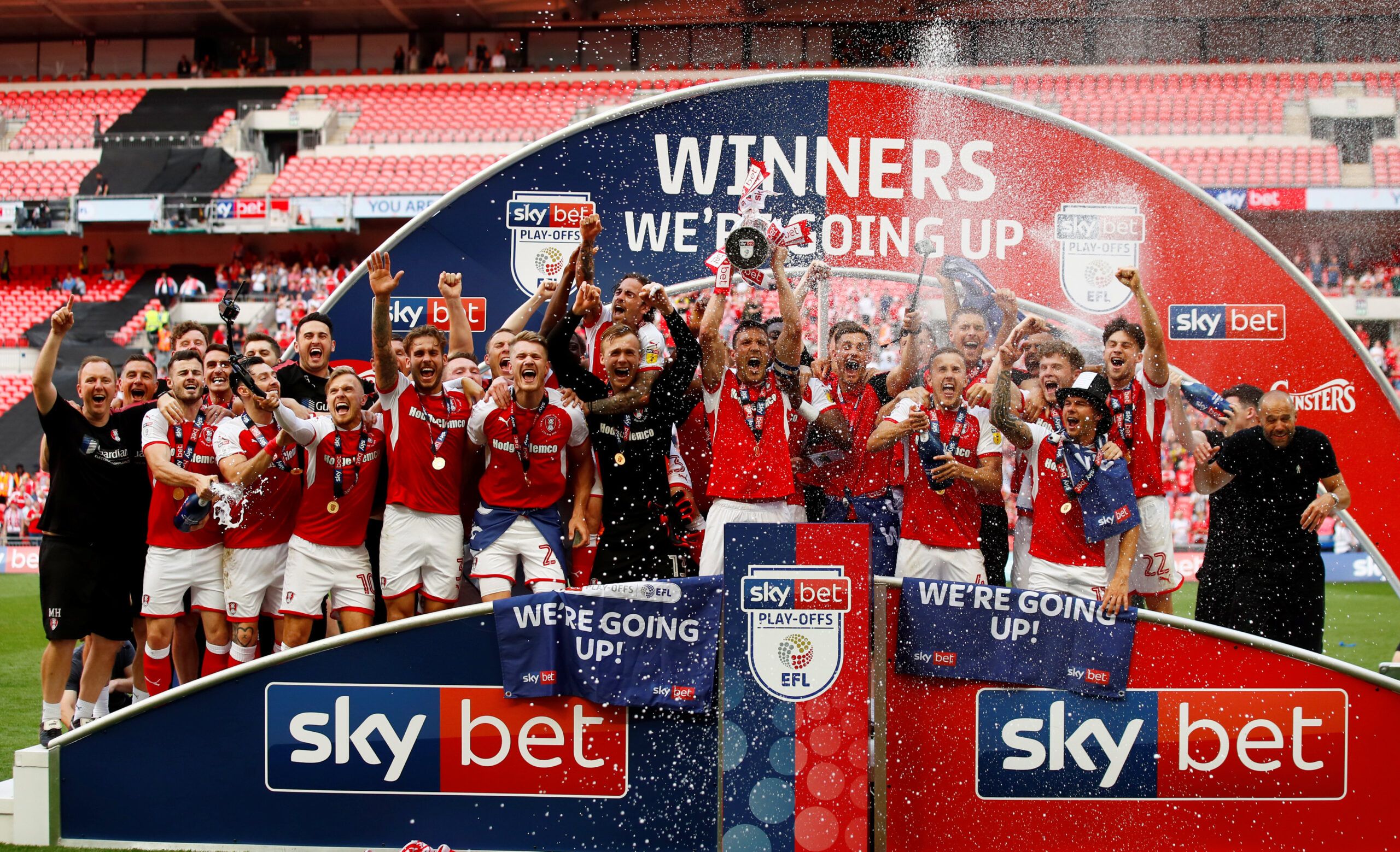 Soccer Football - League One Play-Off Final - Rotherham United v Shrewsbury Town - Wembley Stadium, London, Britain - May 27, 2018   Rotherham celebrate winning the League One Play-Off Final with the trophy      Action Images/Jason Cairnduff    EDITORIAL USE ONLY. No use with unauthorized audio, video, data, fixture lists, club/league logos or 