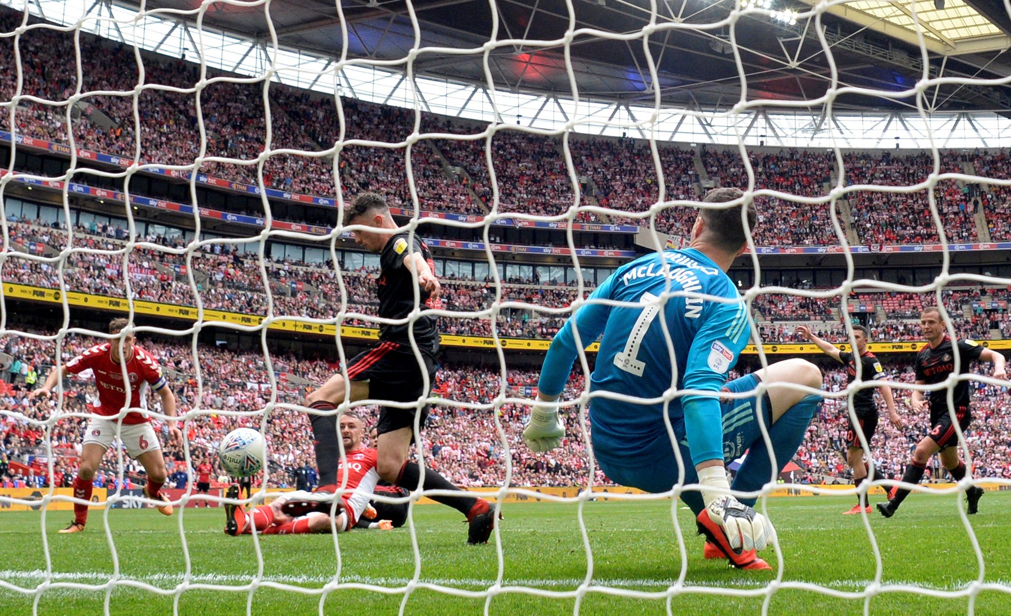 Soccer Football - League One Playoff Final - Sunderland v Charlton Athletic - Wembley Stadium, London, Britain - May 26, 2019  Charlton Athletic's Patrick Bauer scores their second goal   Action Images/Tony O'Brien  EDITORIAL USE ONLY. No use with unauthorized audio, video, data, fixture lists, club/league logos or 