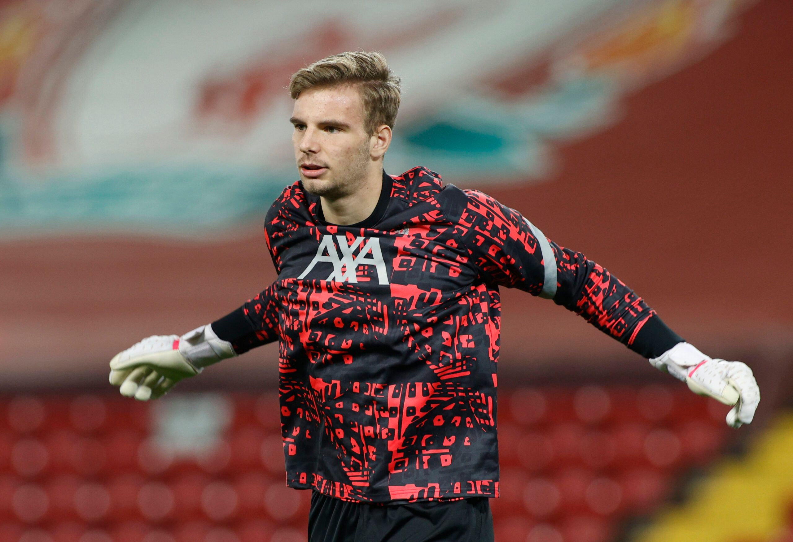 Soccer Football - Champions League - Group D - Liverpool v Ajax Amsterdam - Anfield, Liverpool, Britain - December 1, 2020  Liverpool's Vitezslav Jaros during the warm up before the match Pool via REUTERS/Phil Noble
