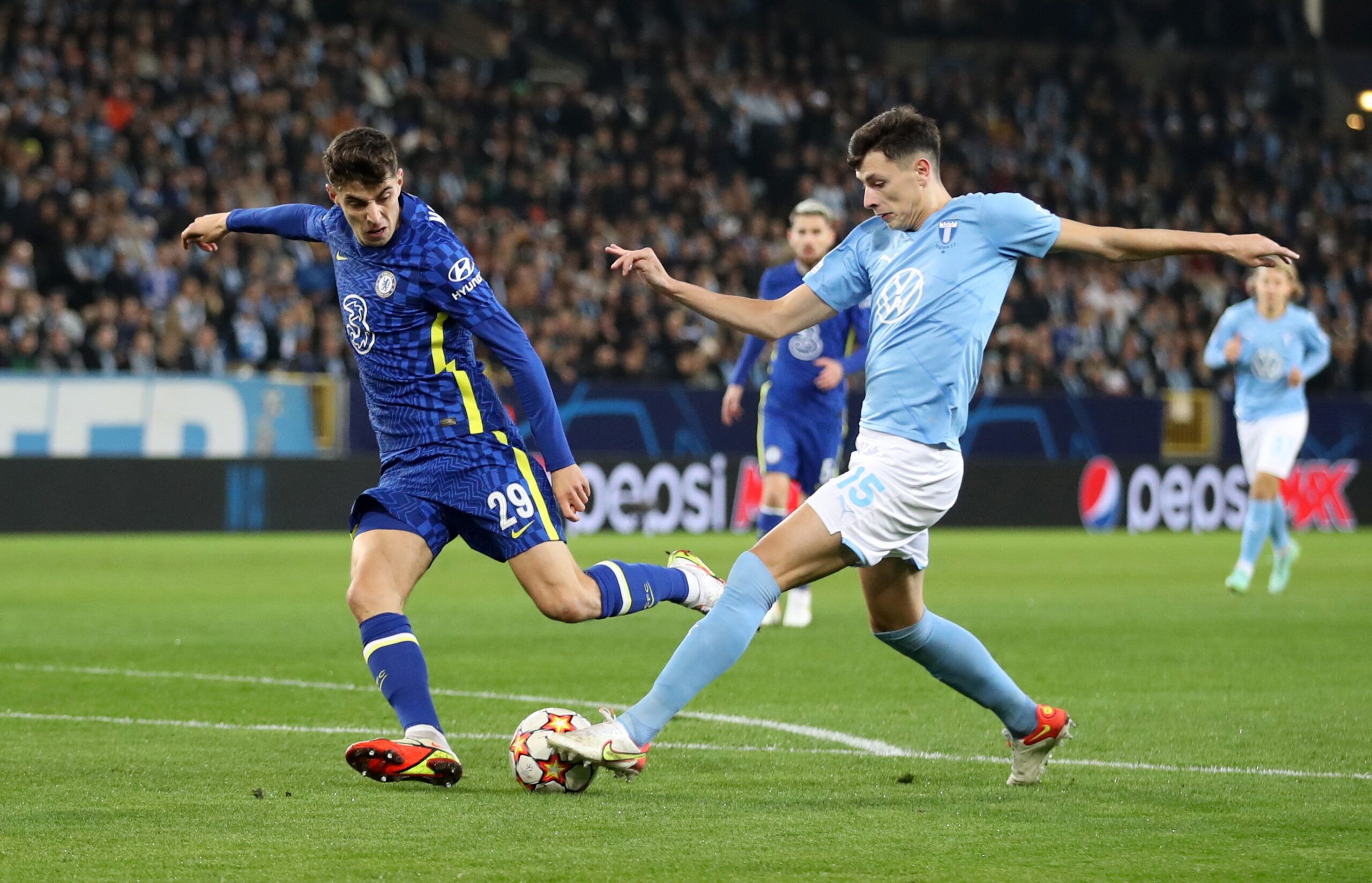 Soccer Football - Champions League - Group H - Malmo FF v Chelsea - Eleda Stadion, Malmo, Sweden - November 2, 2021 Chelsea's Kai Havertz in action with Malmo FF's Anel Ahmedhodzic Action Images via Reuters/Carl Recine