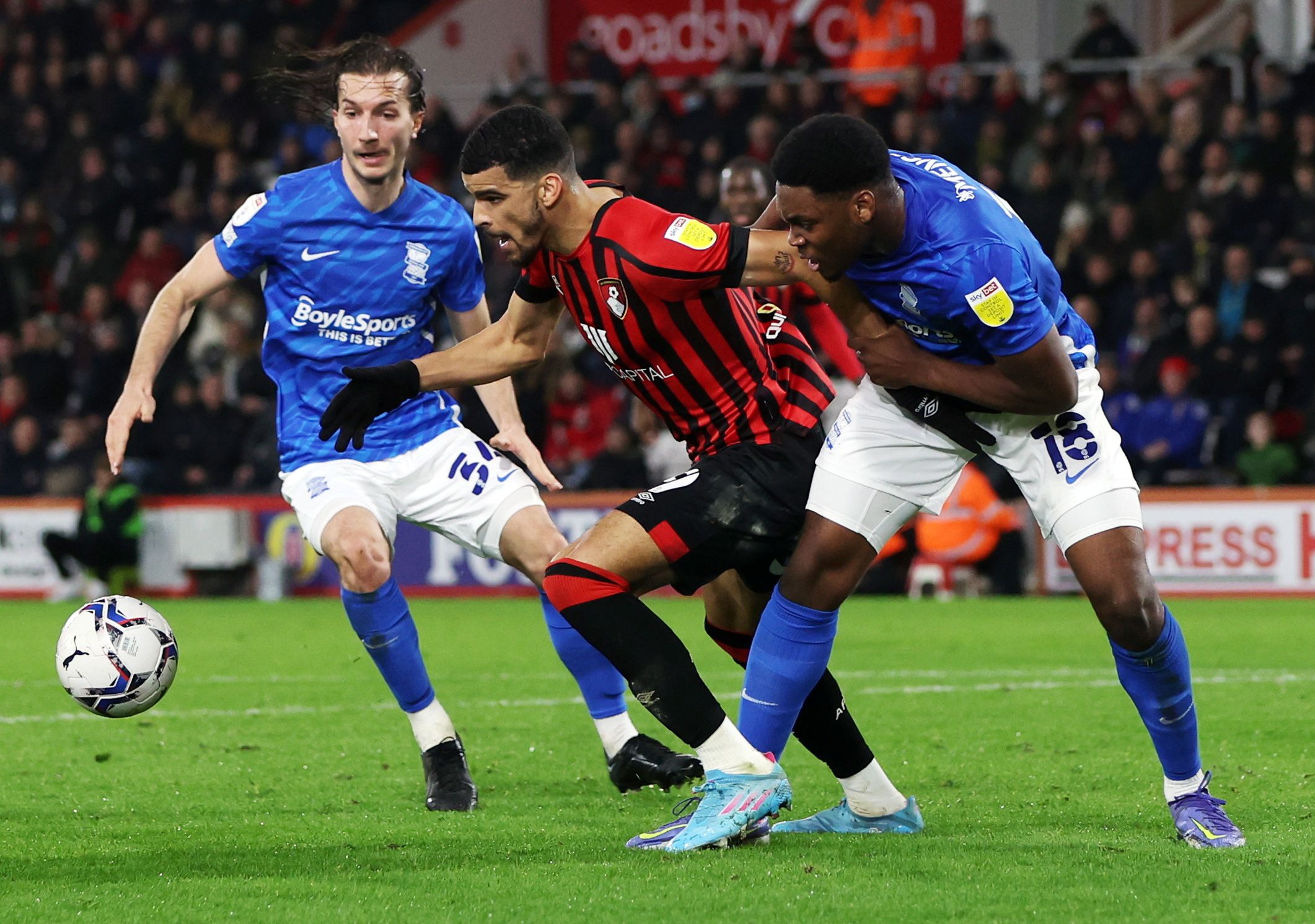 Soccer Football - Championship - AFC Bournemouth v Birmingham City - Vitality Stadium, Bournemouth, Britain - February 9, 2022  Bournemouth's Dominic Solanke in action with Birmingham City's Teden Mengi  Action Images/Paul Childs  EDITORIAL USE ONLY. No use with unauthorized audio, video, data, fixture lists, club/league logos or 