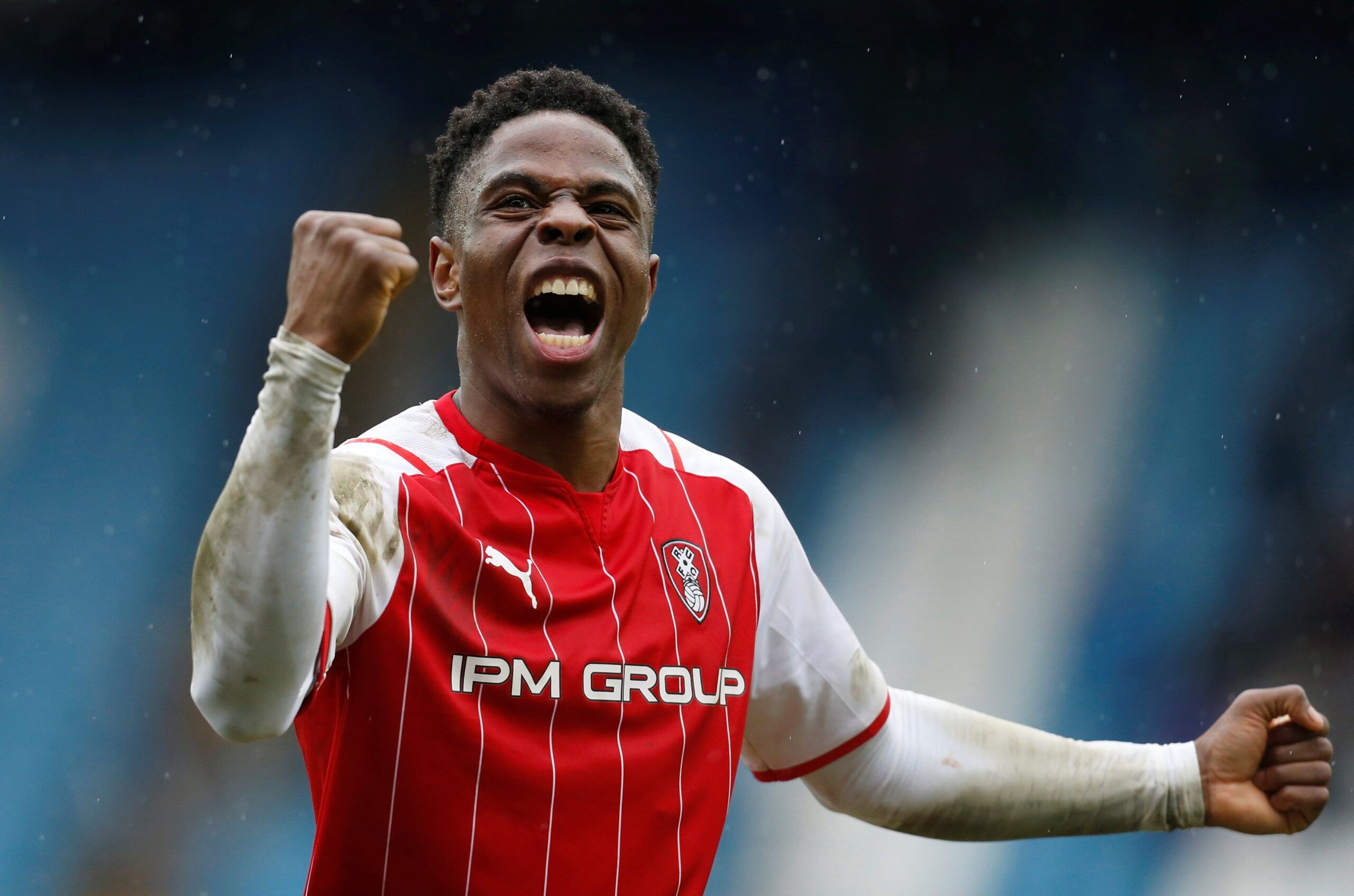 Soccer Football - League One - Sheffield Wednesday v Rotherham United - Hillsborough Stadium, Sheffield, Britain - February 13, 2022  Rotherham United's Chiedozie Ogbene celebrates after the match  Action Images/Ed Sykes  EDITORIAL USE ONLY. No use with unauthorized audio, video, data, fixture lists, club/league logos or 