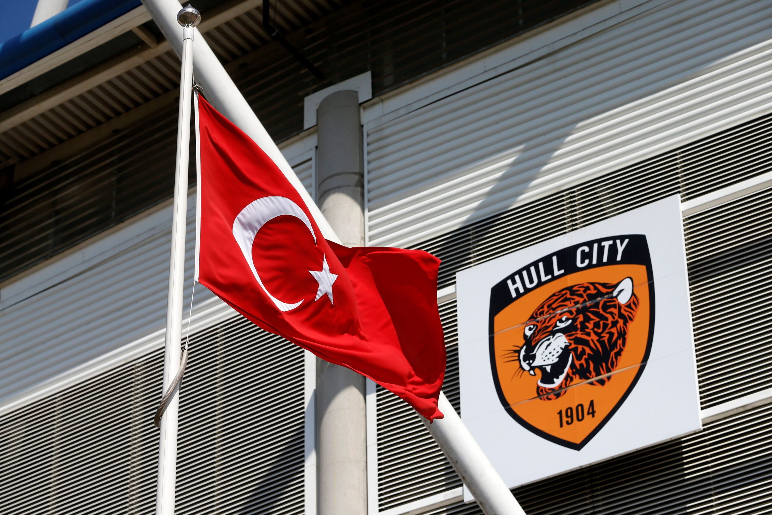Soccer Football - Championship - Hull City v Reading - MKM Stadium, Hull, Britain - April 23, 2022 The falg of Turkey flying outside the stadium before the match  Action Images/Ed Sykes  EDITORIAL USE ONLY. No use with unauthorized audio, video, data, fixture lists, club/league logos or 