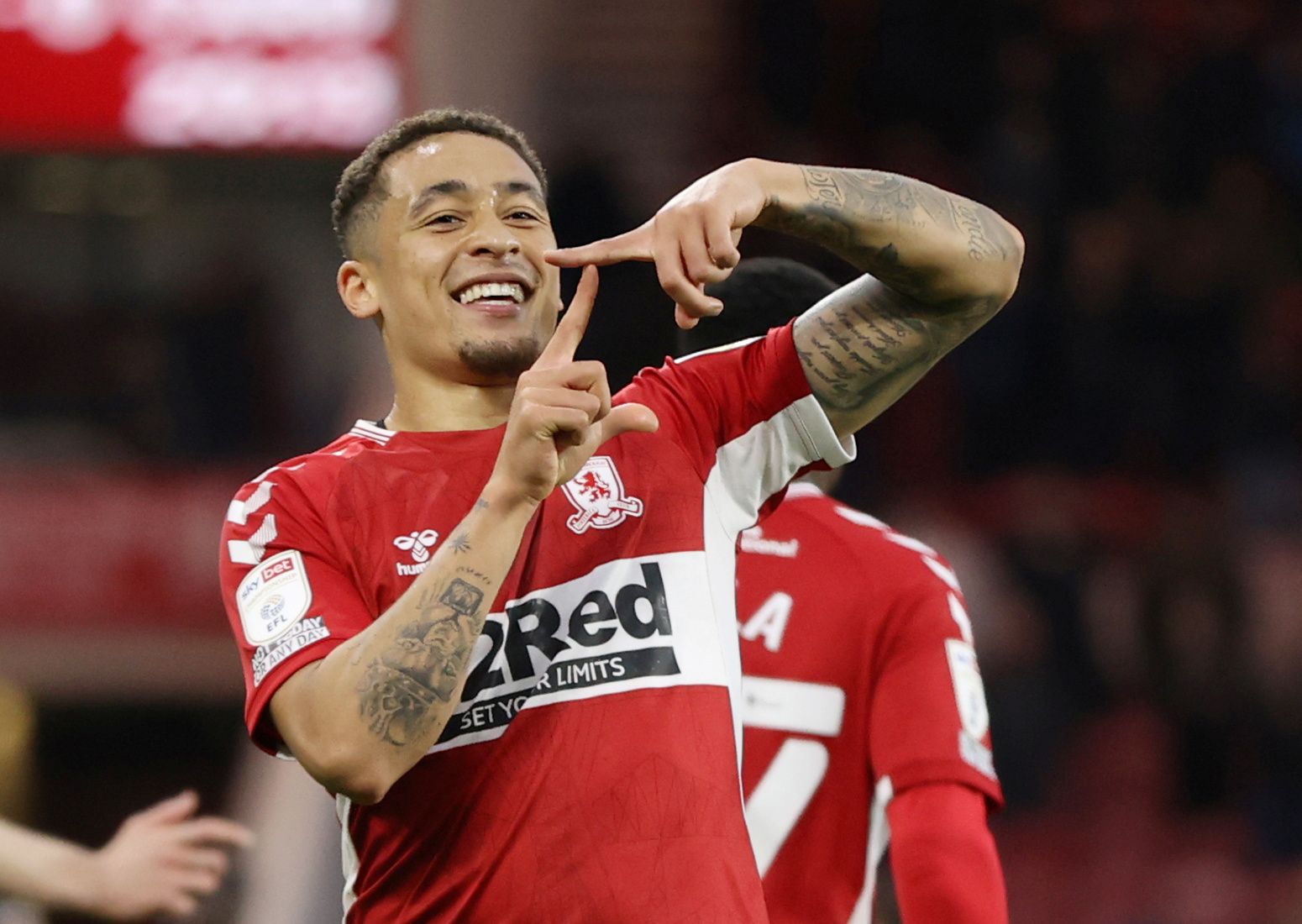 Soccer Football - Championship - Middlesbrough v Cardiff City - Riverside Stadium, Middlesbrough, Britain - April 27, 2022   Middlesbrough's Marcus Tavernier celebrates scoring their first goal   Action Images/Molly Darlington    EDITORIAL USE ONLY. No use with unauthorized audio, video, data, fixture lists, club/league logos or 