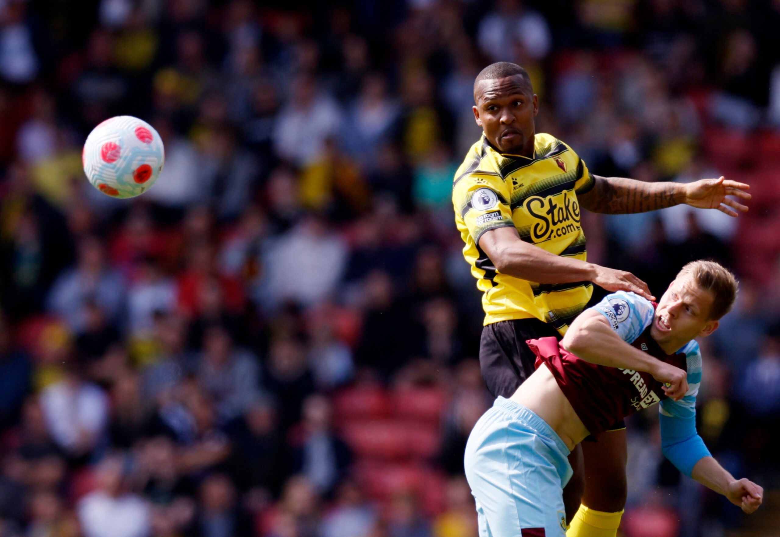 Soccer Football - Premier League - Watford v Burnley - Vicarage Road, Watford, Britain - April 30, 2022 Watford's Samir in action with Burnley's Matej Vydra Action Images via Reuters/Andrew Couldridge EDITORIAL USE ONLY. No use with unauthorized audio, video, data, fixture lists, club/league logos or 'live' services. Online in-match use limited to 75 images, no video emulation. No use in betting, games or single club /league/player publications.  Please contact your account representative for fu