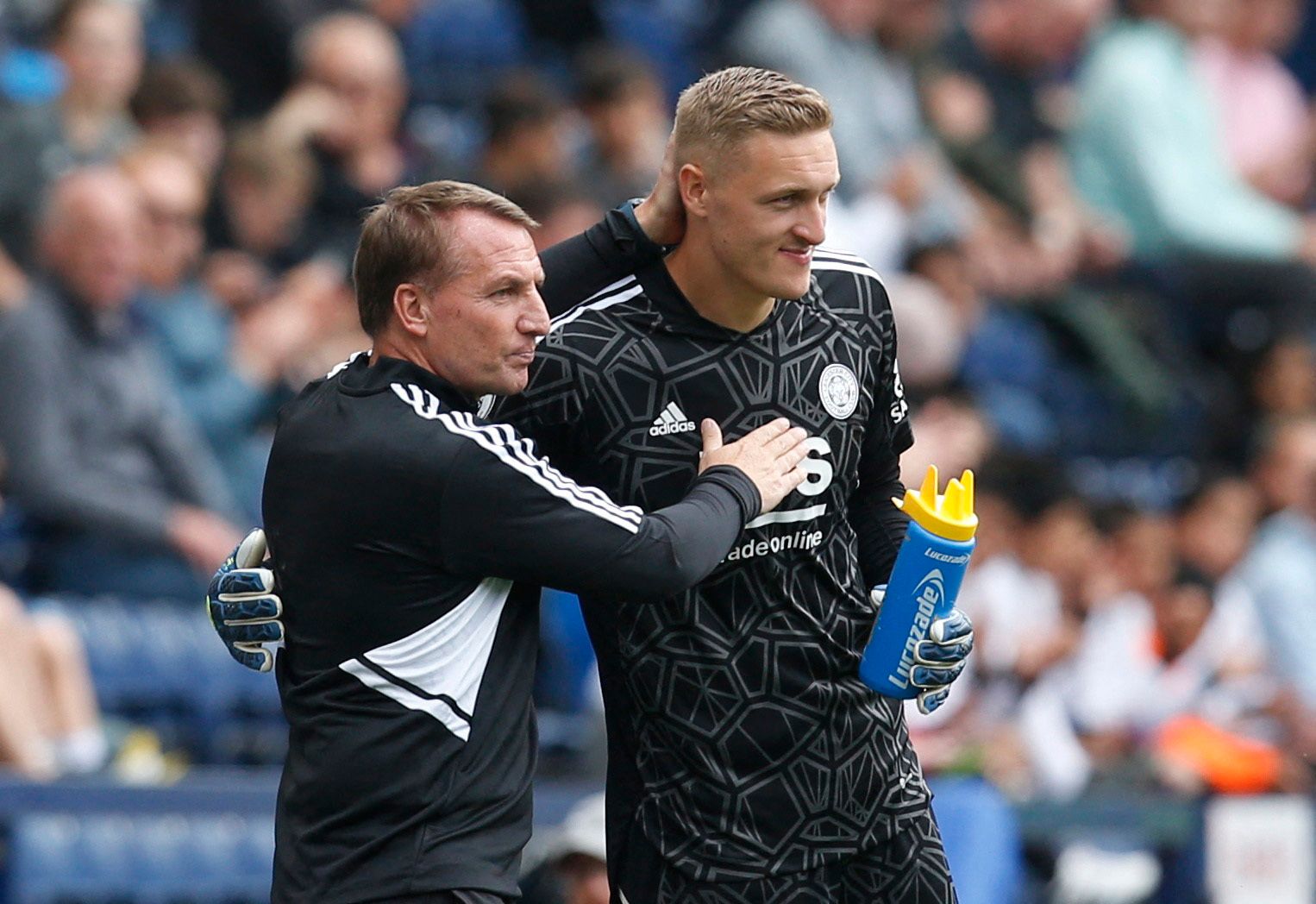 Soccer Football - Pre Season Friendly - Preston North End v Leicester City - Deepdale Stadium, Preston, Britain - July 23, 2022 Leicester City manager Brendan Rodgers and Daniel Iversen Action Images via Reuters/Ed Sykes