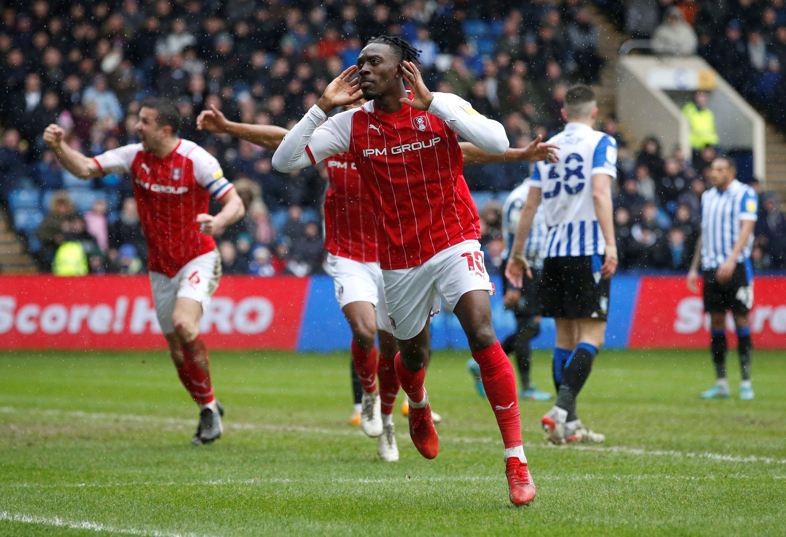 Soccer Football - League One - Sheffield Wednesday v Rotherham United - Hillsborough Stadium, Sheffield, Britain - February 13, 2022  Rotherham United's Freddie Ladapo celebrates scoring their first goal   Action Images/Ed Sykes  EDITORIAL USE ONLY. No use with unauthorized audio, video, data, fixture lists, club/league logos or 