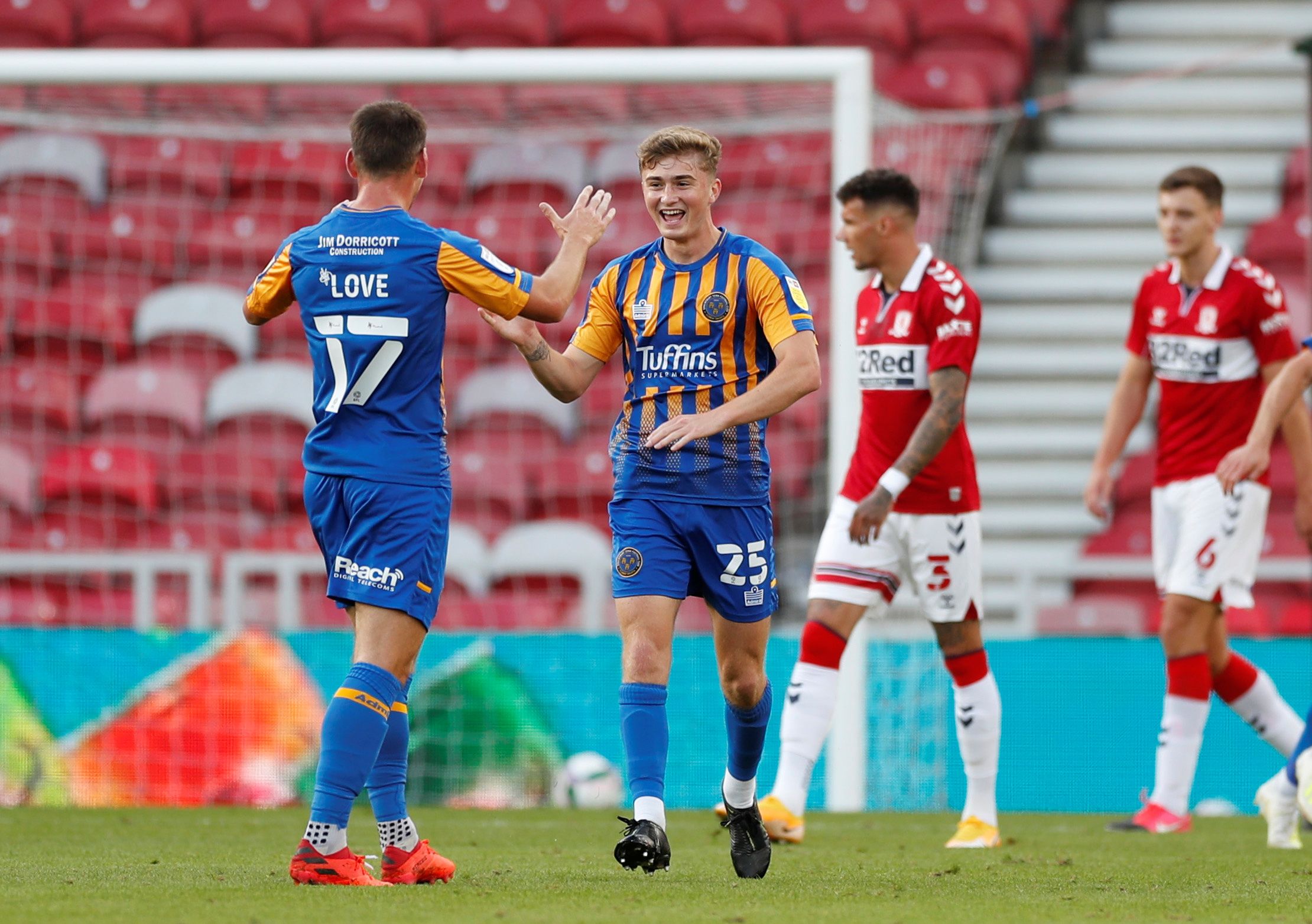 Soccer Football - Carabao Cup First Round - Middlesbrough v Shrewsbury Town - Riverside Stadium, Middlesbrough, Britain - September 4, 2020   Shrewsbury Town's Scott High celebrates scoring their first goal   Action Images/Lee Smith