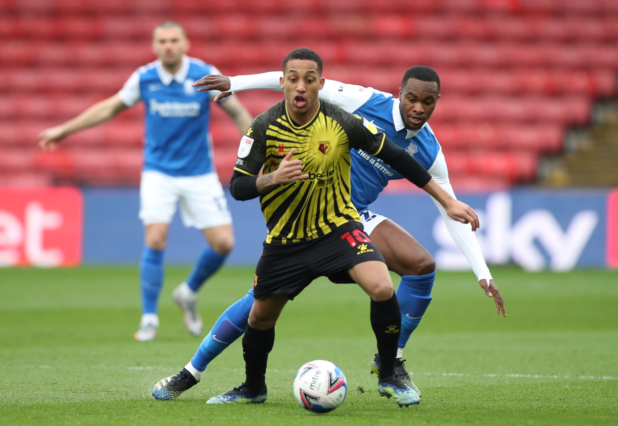 Soccer Football - Championship - Watford v Birmingham City - Vicarage Road, Watford, Britain - March 20, 2021 Watford’s Joao Pedro in action with Birmingham City’s Rekeem Harper Action Images/Peter Cziborra EDITORIAL USE ONLY. No use with unauthorized audio, video, data, fixture lists, club/league logos or 'live' services. Online in-match use limited to 75 images, no video emulation. No use in betting, games or single club /league/player publications.  Please contact your account representative 
