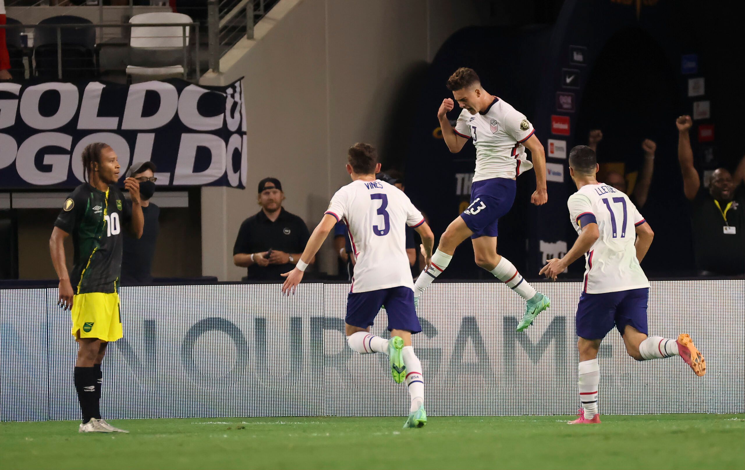 Jul 25, 2021; Arlington, Texas, USA; United States forward Matthew Hoppe (13) celebrates with teammates after scoring a goal against Jamaica during the second half of a CONCACAF Gold Cup quarterfinal soccer match at AT&amp;T Stadium. Mandatory Credit: Kevin Jairaj-USA TODAY Sports