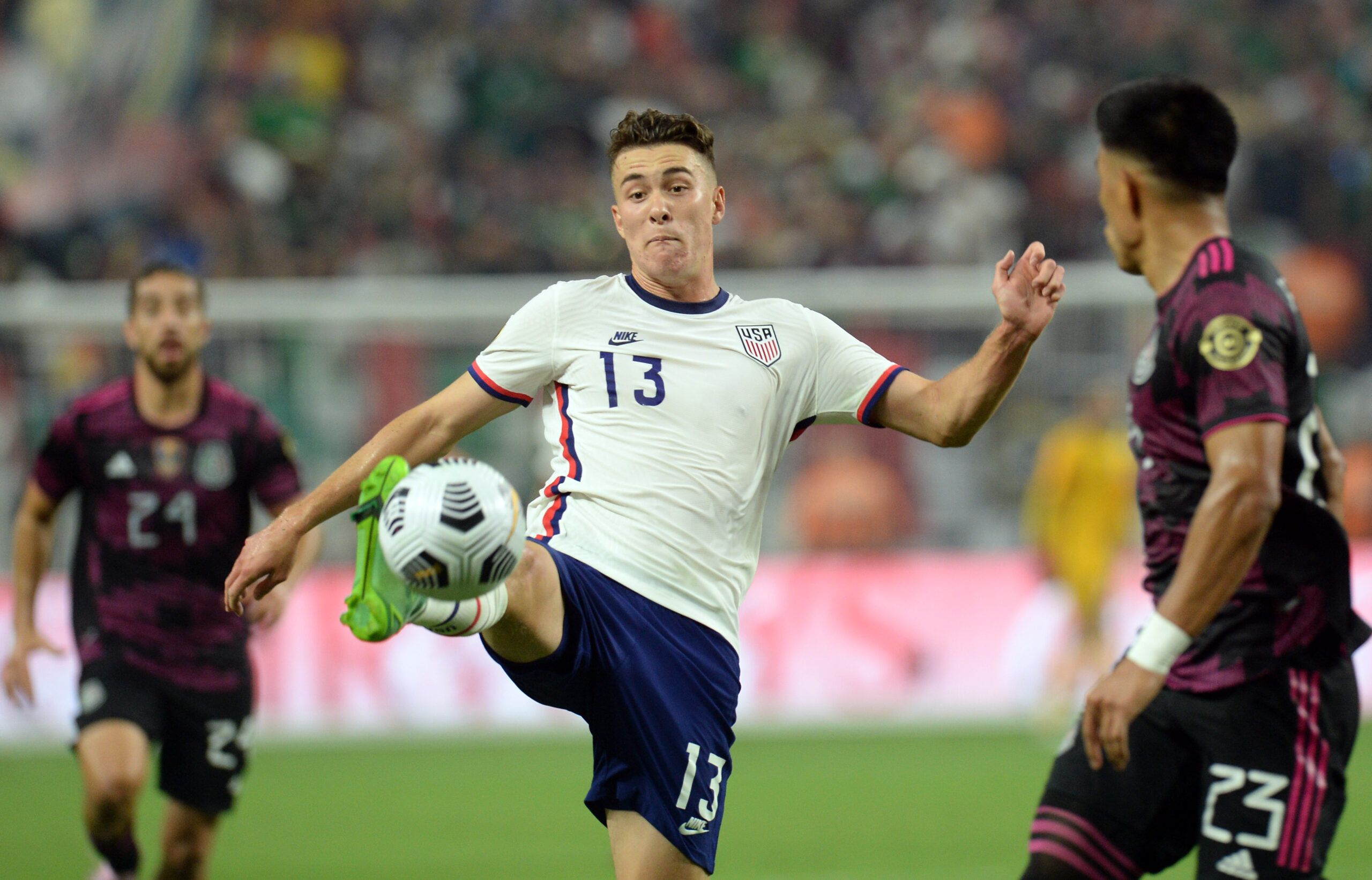 Aug 1, 2021; Las Vegas, Nevada, USA; United States forward Matthew Hoppe (13) controls the ball against Mexico CONCACAF Gold Cup final soccer match at Allegiant Stadium. Mandatory Credit: Joe Camporeale-USA TODAY Sports