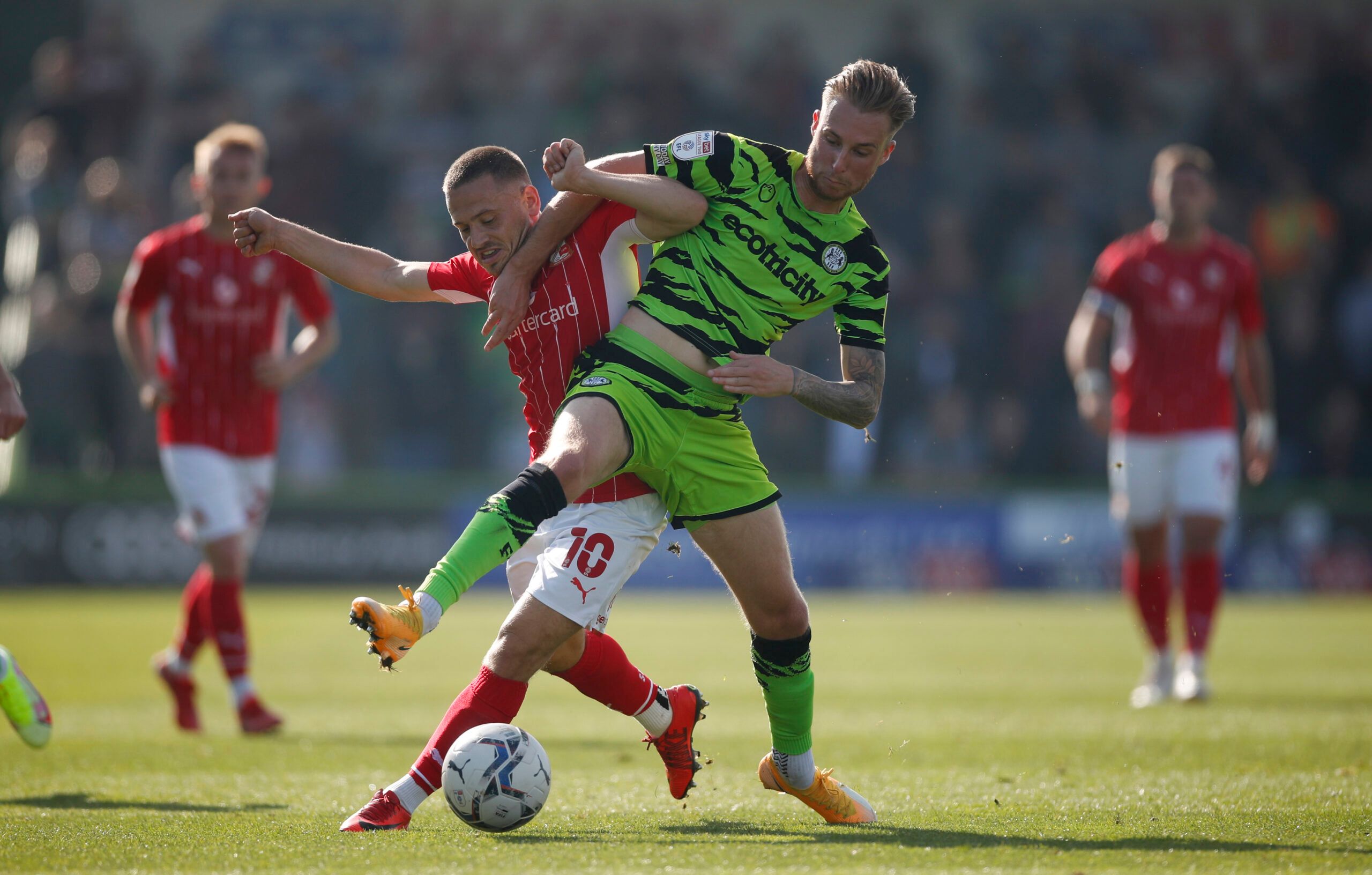 Soccer Football - League Two - Forest Green Rovers v Swindon Town - The New Lawn Stadium, Nailsworth, Britain - October 9, 2021 Forest Green Rovers’ Ben Stevenson in action with Swindon Town’s Jack Payne Action Images/Matthew Childs EDITORIAL USE ONLY. No use with unauthorized audio, video, data, fixture lists, club/league logos or 'live' services. Online in-match use limited to 75 images, no video emulation. No use in betting, games or single club /league/player publications.  Please contact yo