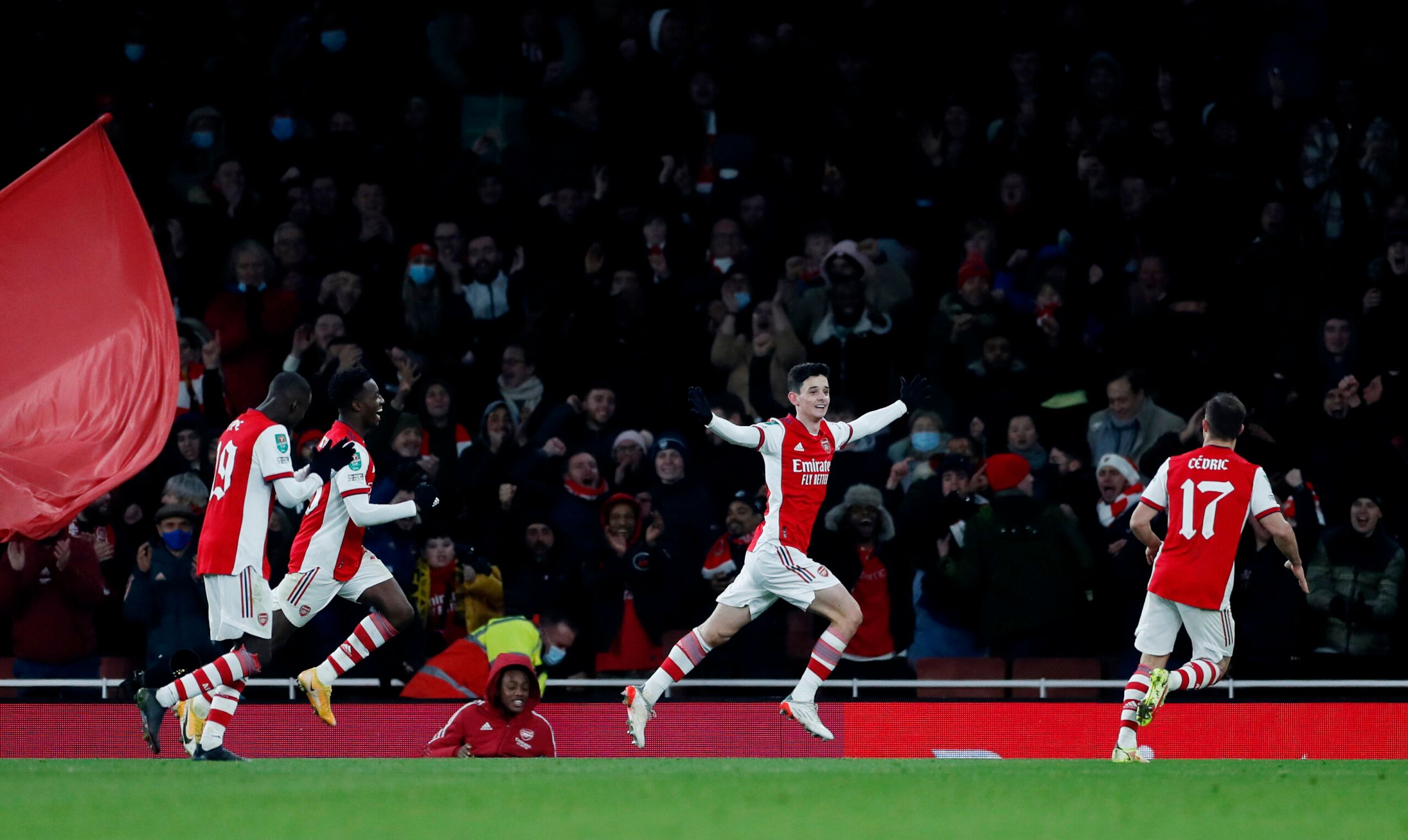 Soccer Football - Carabao Cup - Quarter Final - Arsenal v Sunderland - Emirates Stadium, London, Britain - December 21, 2021 Arsenal's Charlie Patino celebrates scoring their fifth goal Action Images via Reuters/Lee Smith EDITORIAL USE ONLY. No use with unauthorized audio, video, data, fixture lists, club/league logos or 'live' services. Online in-match use limited to 75 images, no video emulation. No use in betting, games or single club /league/player publications.  Please contact your account 