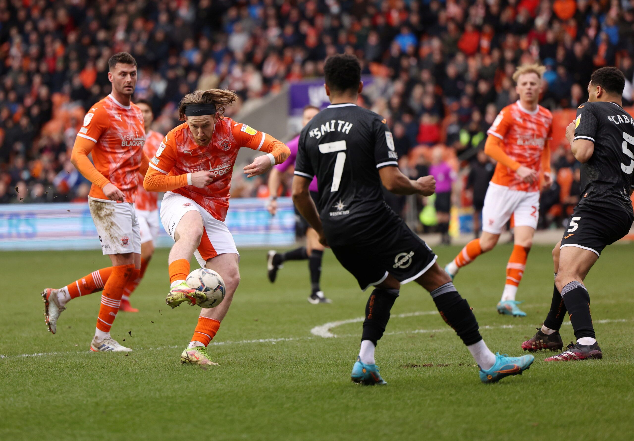 Soccer Football - Championship - Blackpool v Swansea City - Bloomfield Road, Blackpool , Britain - March 12, 2022  Blackpool's Josh Bowler shoots at goal  Action Images/John Clifton  EDITORIAL USE ONLY. No use with unauthorized audio, video, data, fixture lists, club/league logos or 