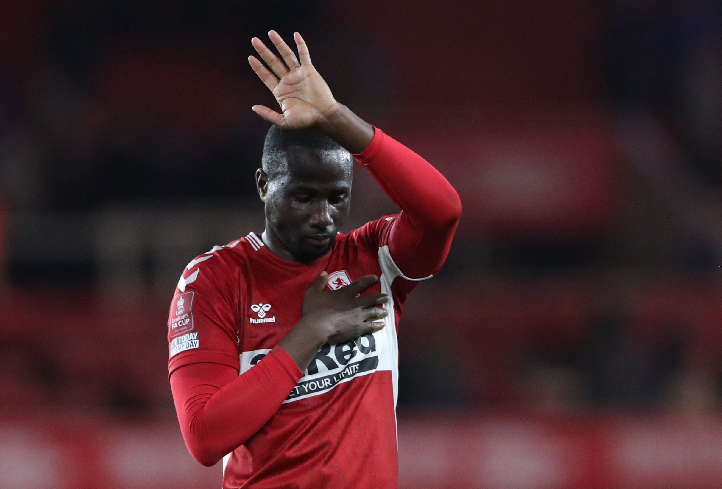 Soccer Football - FA Cup Quarter Final - Middlesbrough v Chelsea - Riverside Stadium, Middlesbrough, Britain - March 19, 2022 Middlesbrough's Sol Bamba reacts REUTERS/Scott Heppell