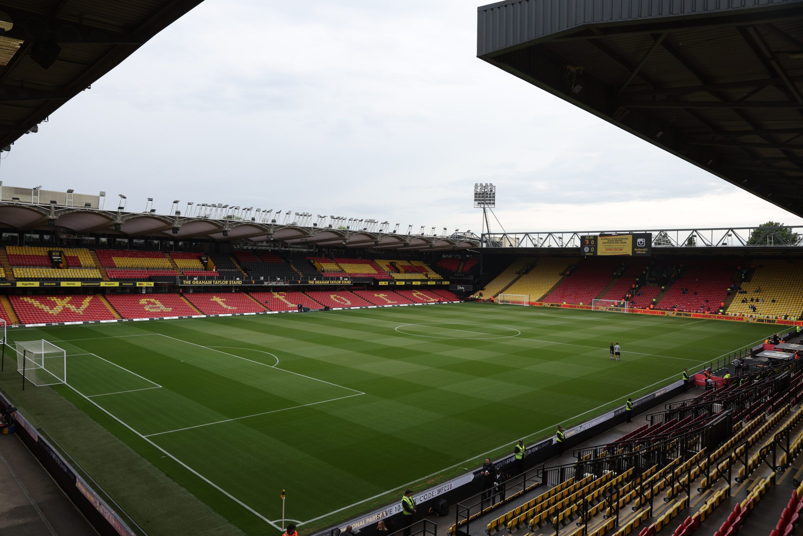 Soccer Football - Premier League - Watford v Leicester City - Vicarage Road, Watford, Britain - May 15, 2022 General view inside the stadium before the match Action Images via Reuters/Paul Childs EDITORIAL USE ONLY. No use with unauthorized audio, video, data, fixture lists, club/league logos or 'live' services. Online in-match use limited to 75 images, no video emulation. No use in betting, games or single club /league/player publications.  Please contact your account representative for further
