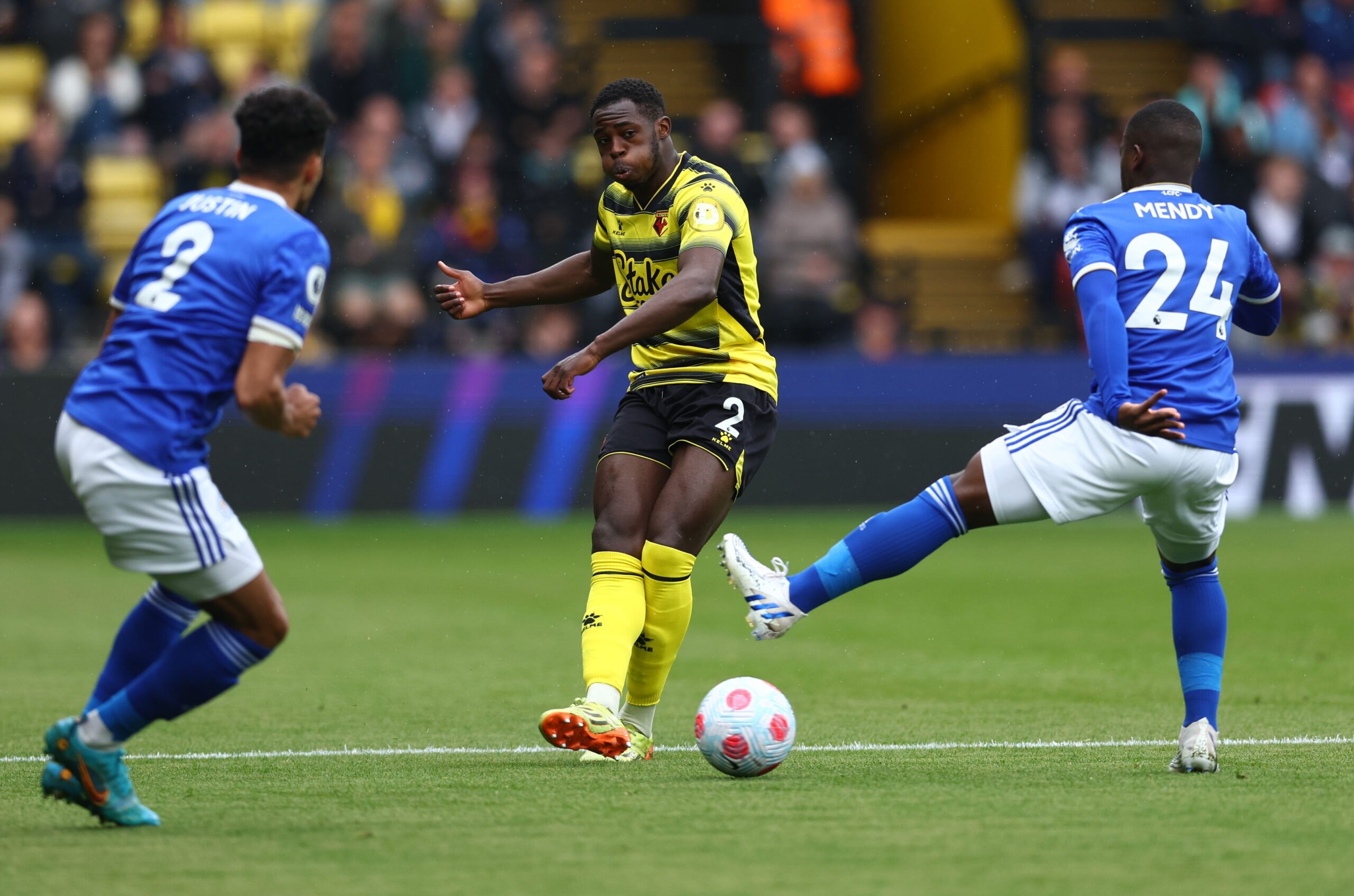 Soccer Football - Premier League - Watford v Leicester City - Vicarage Road, Watford, Britain - May 15, 2022 Watford's Jeremy Ngakia in action with Leicester City's Nampalys Mendy REUTERS/David Klein EDITORIAL USE ONLY. No use with unauthorized audio, video, data, fixture lists, club/league logos or 'live' services. Online in-match use limited to 75 images, no video emulation. No use in betting, games or single club /league/player publications.  Please contact your account representative for fur
