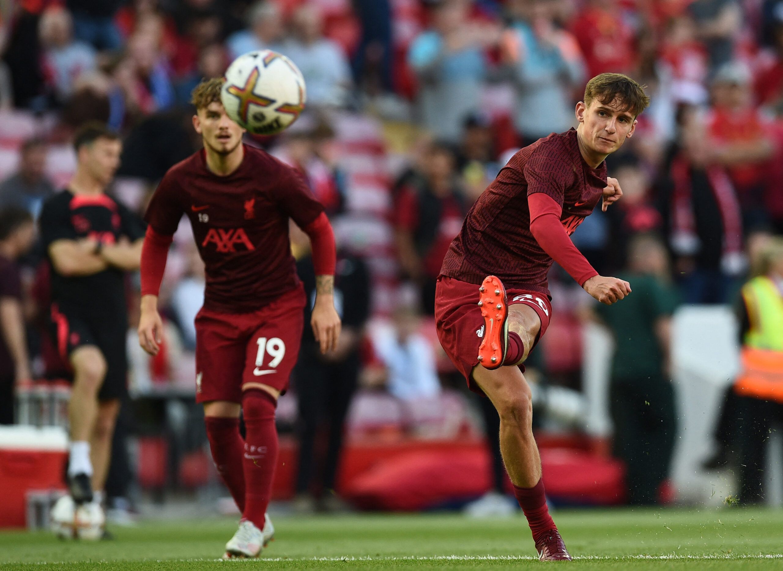 Soccer Football - Pre Season Friendly - Liverpool v RC Strasbourg - Anfield, Liverpool, Britain - July 31, 2022 Liverpool's Tyler Morton during the warm up before the match REUTERS/Peter Powell
