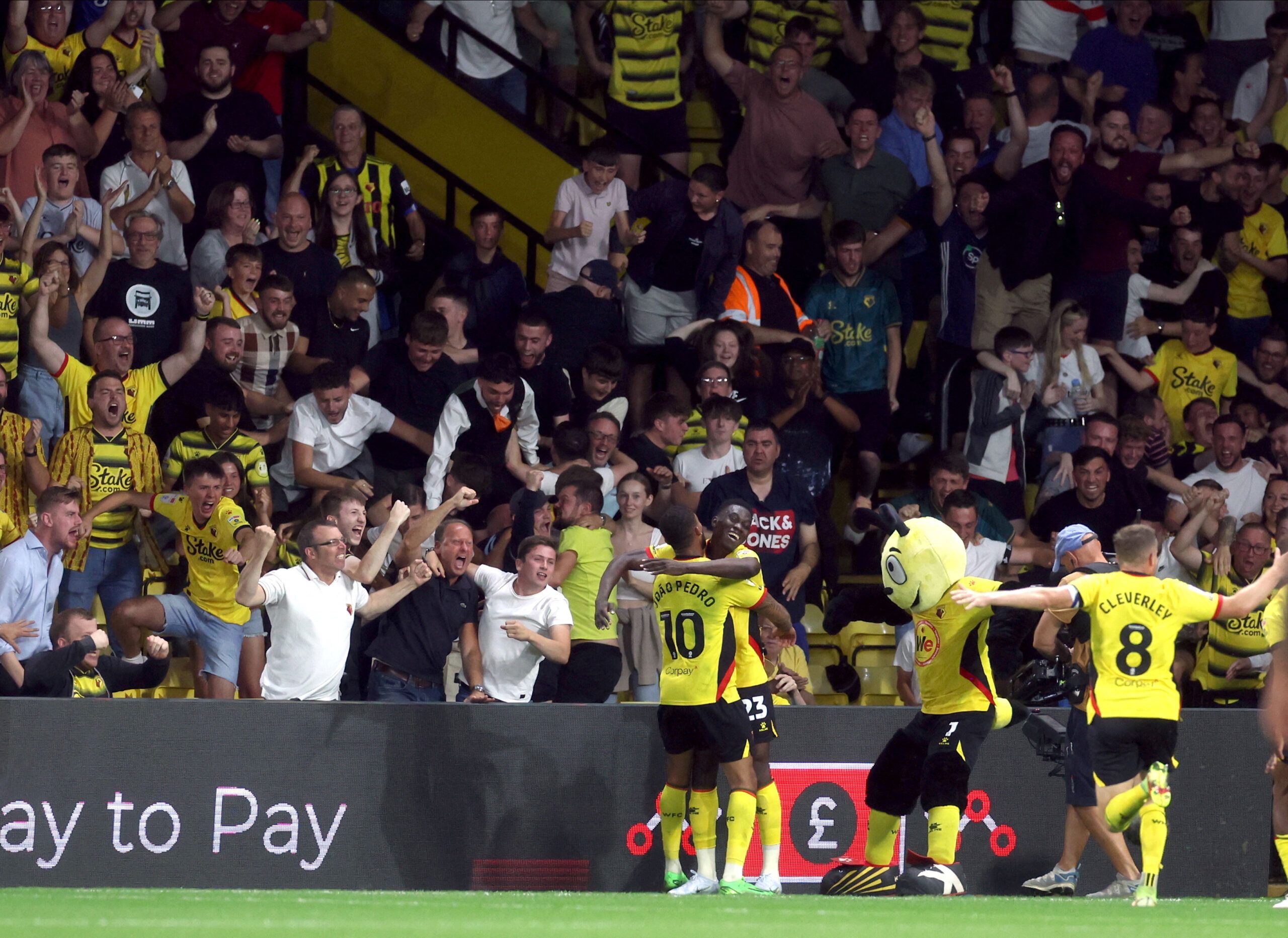 Soccer Football - Championship - Watford v Sheffield United - Vicarage Road, Watford, Britain - August 1, 2022 Watford's Joao Pedro celebrates scoring their first goal with Ismaila Sarr   Action Images/Paul Childs  EDITORIAL USE ONLY. No use with unauthorized audio, video, data, fixture lists, club/league logos or 