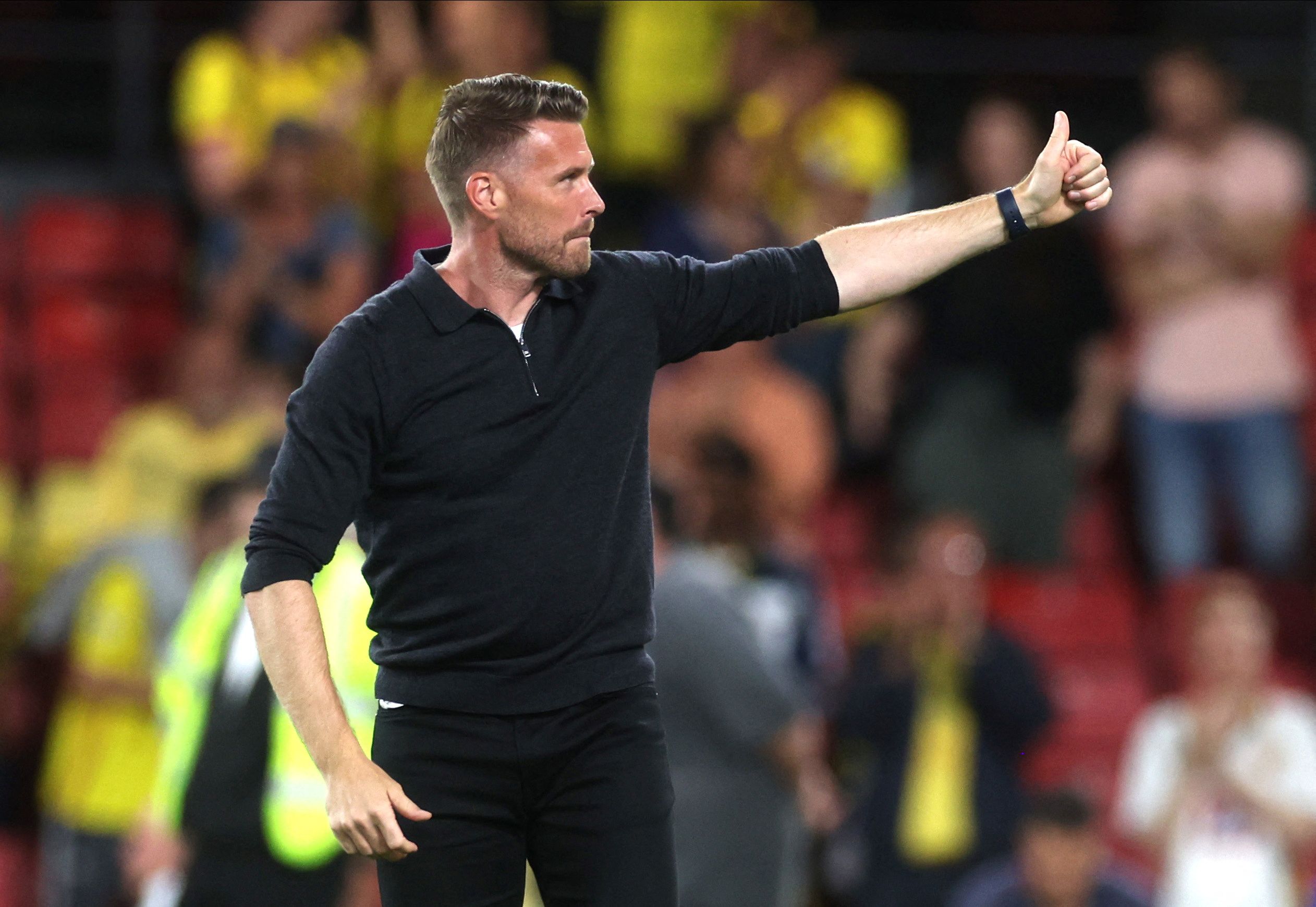 Soccer Football - Championship - Watford v Sheffield United - Vicarage Road, Watford, Britain - August 1, 2022 Watford's Manager Rob Edwards celebrates after the match Action Images/Paul Childs  EDITORIAL USE ONLY. No use with unauthorized audio, video, data, fixture lists, club/league logos or 