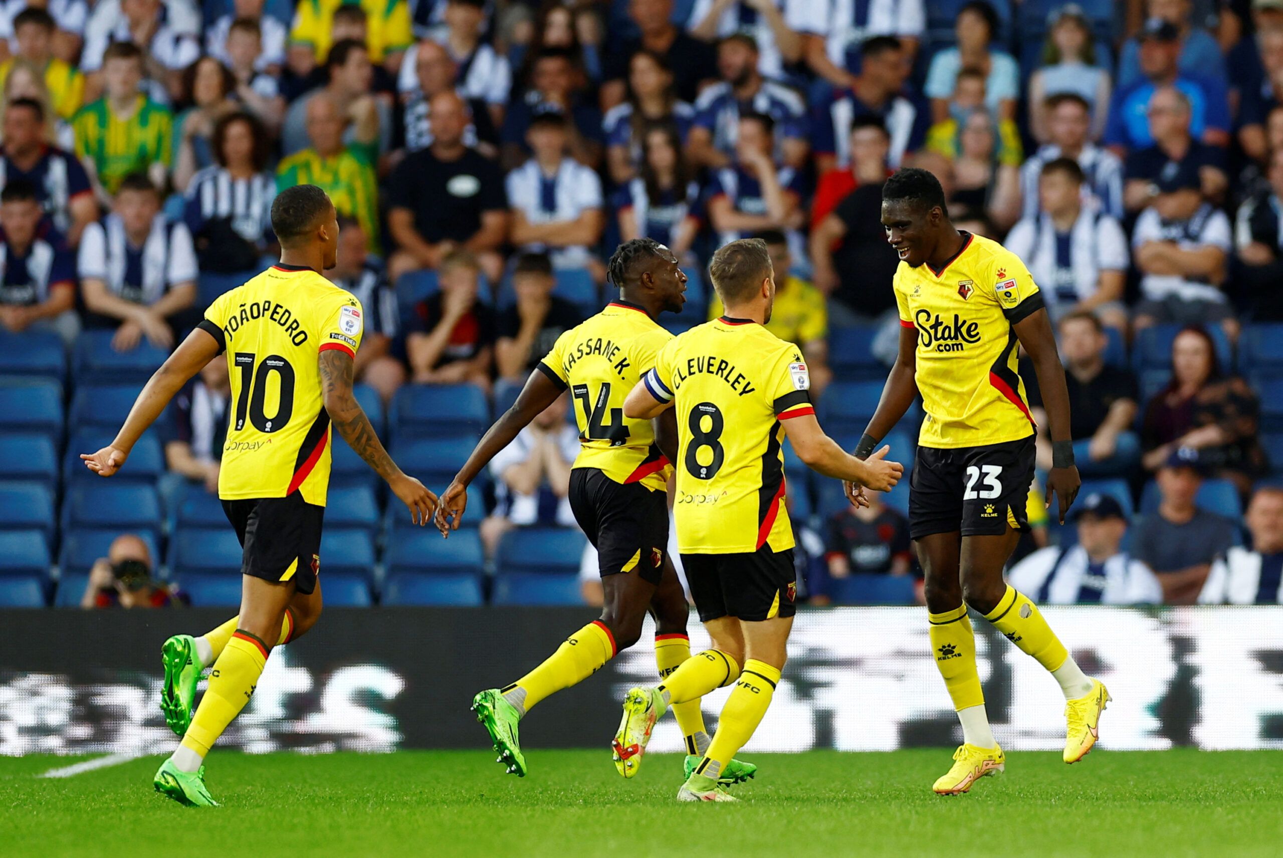 Soccer Football - Championship - West Bromwich Albion v Watford - The Hawthorns, West Bromwich, Britain - August 8, 2022  Watford's Ismaila Sarr celebrates after scoring their first goal with teammates  Action Images/Andrew Boyers  EDITORIAL USE ONLY. No use with unauthorized audio, video, data, fixture lists, club/league logos or 