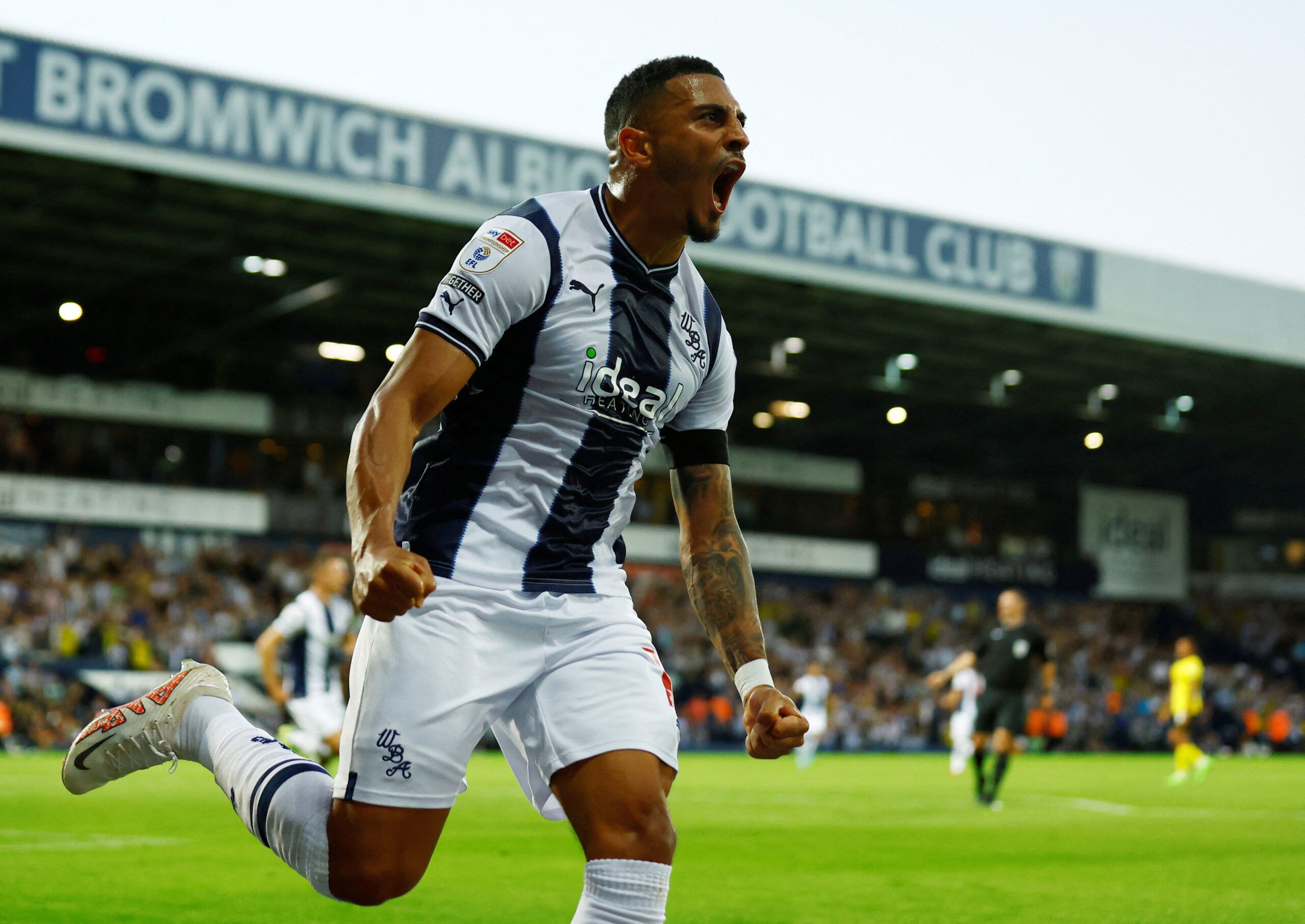 Soccer Football - Championship - West Bromwich Albion v Watford - The Hawthorns, West Bromwich, Britain - August 8, 2022  West Bromwich Albion's Karlan Grant celebrates scoring their first goal  Action Images/Andrew Boyers  EDITORIAL USE ONLY. No use with unauthorized audio, video, data, fixture lists, club/league logos or 