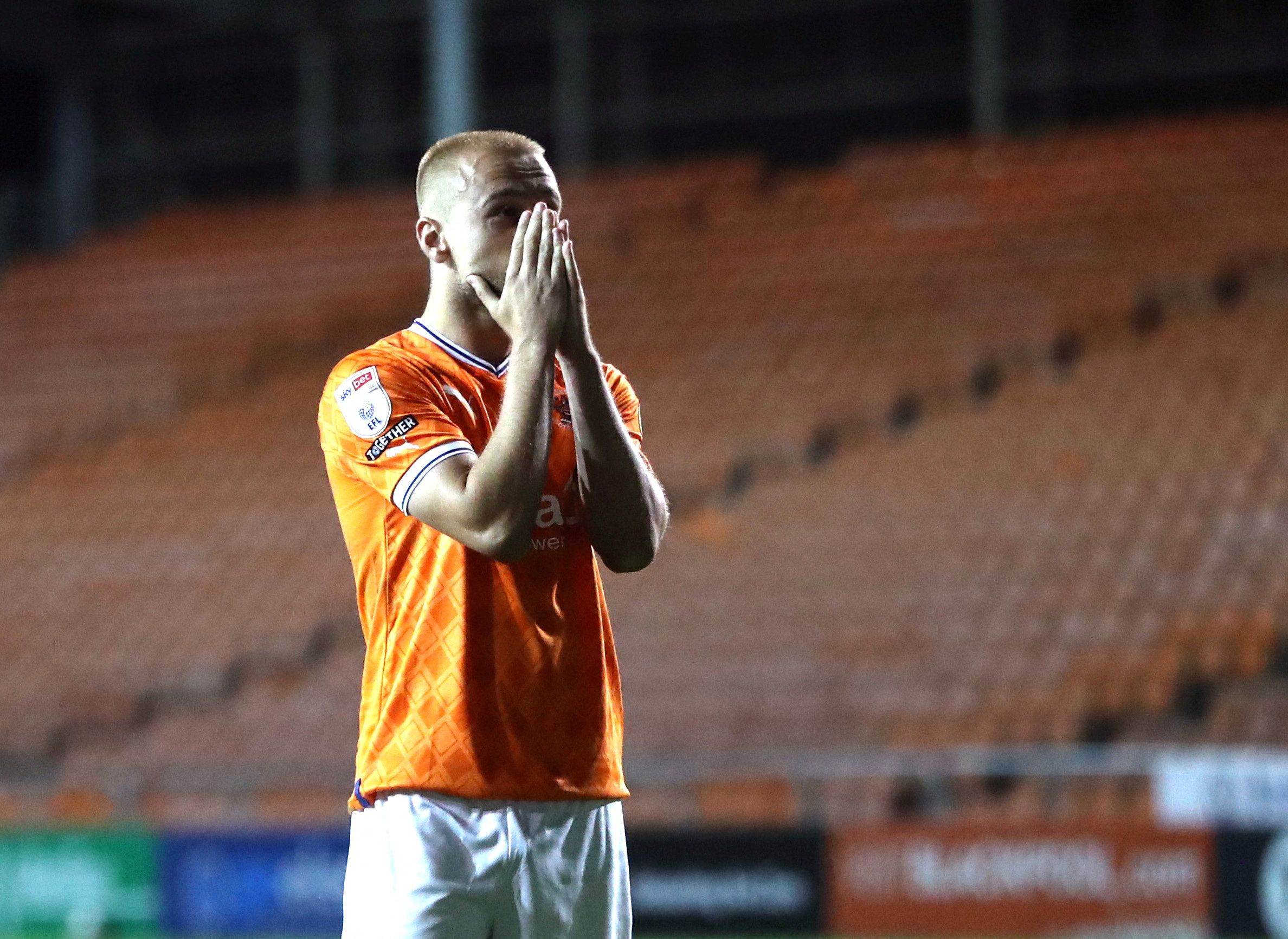 Soccer Football - Carabao Cup - Blackpool v Barrow - Bloomfield Road, Blackpool, Britain - August 9, 2022  Blackpool's Lewis Fiorini reacts after he misses a penalty during the shoot out Action Images/Molly Darlington  EDITORIAL USE ONLY. No use with unauthorized audio, video, data, fixture lists, club/league logos or 