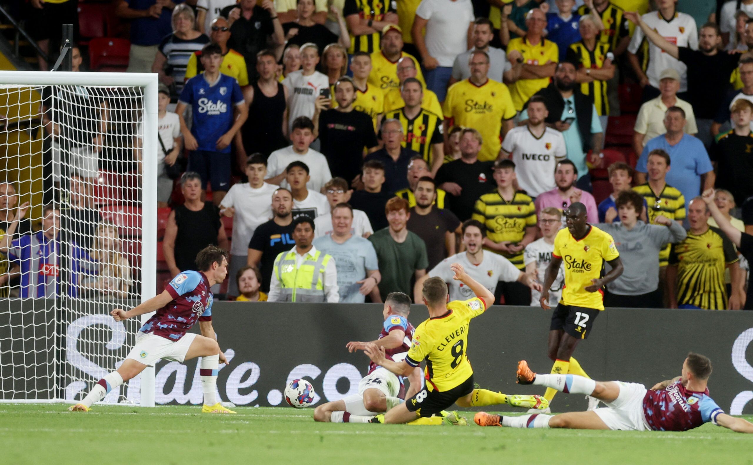 Soccer Football - Championship - Watford v Burnley - Vicarage Road, Watford, Britain - August 12, 2022 Watford's Tom Cleverley scores their first goal EDITORIAL USE ONLY. No use with unauthorized audio, video, data, fixture lists, club/league logos or 